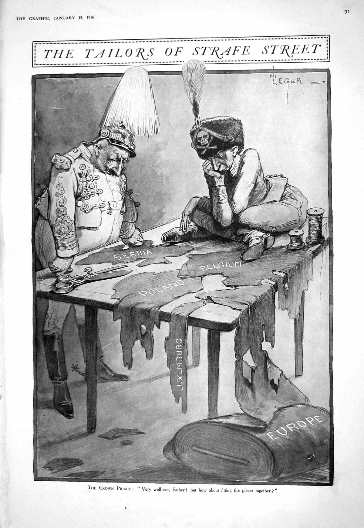 Antique Old Print 1916 Comedy War Tailors Strafe Street Crown Prince Serbia