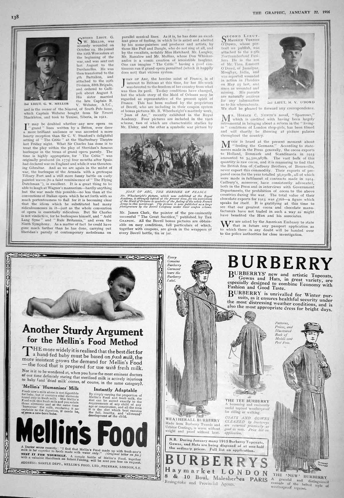 Antique Print 1916 O'Dowd Mellor War Officers Joan Arc France Mellin'S Food