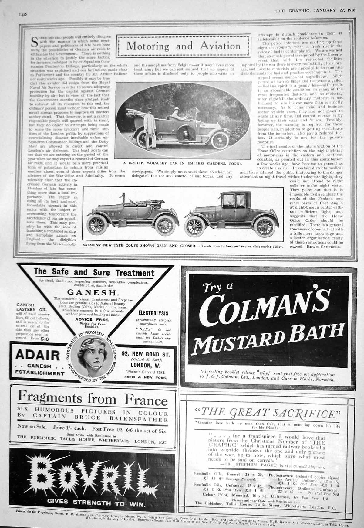 Antique Print 1916 Wolseley Motor Car Poona Salon'S Coupe Colman'S Mustard 20th