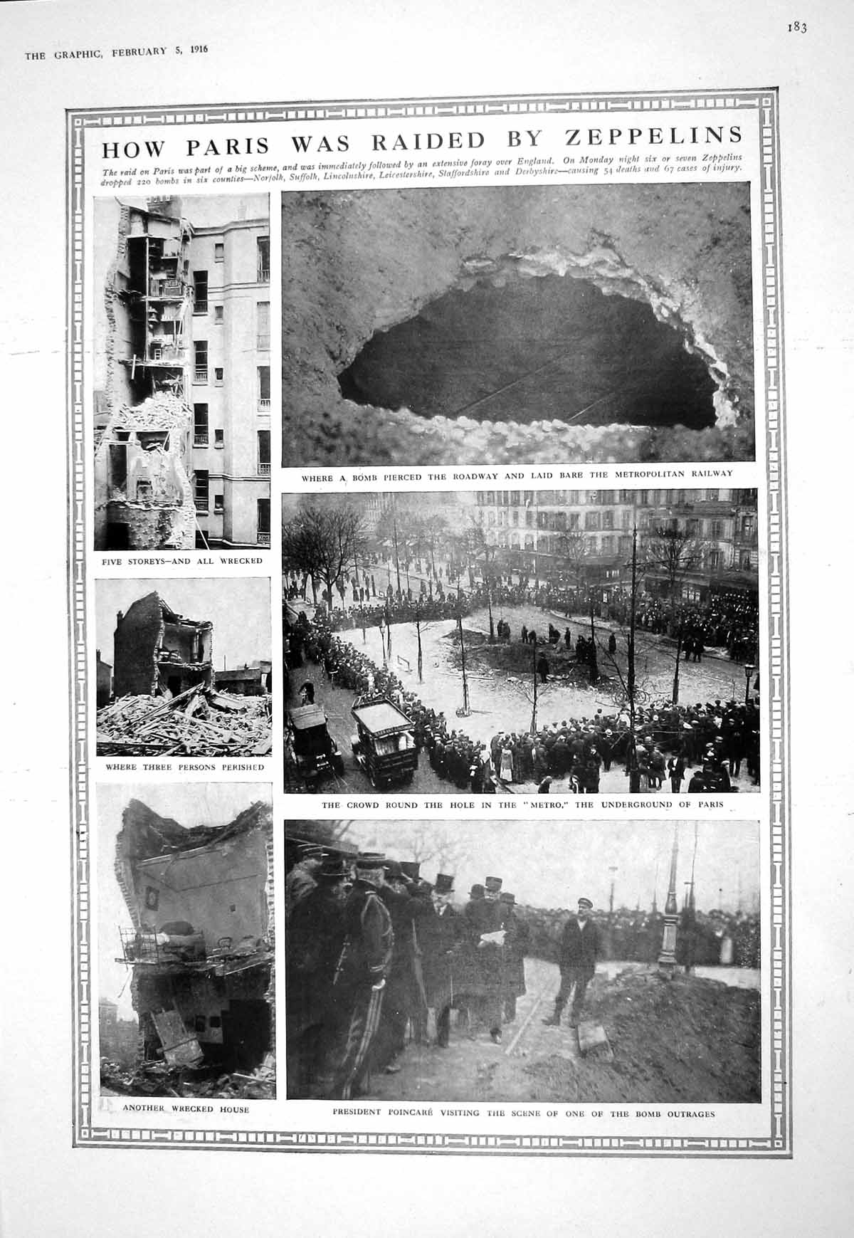 Old 1916 Paris War Zeppelin Metropolitan Railway Poincare Fisher Aitk 20th