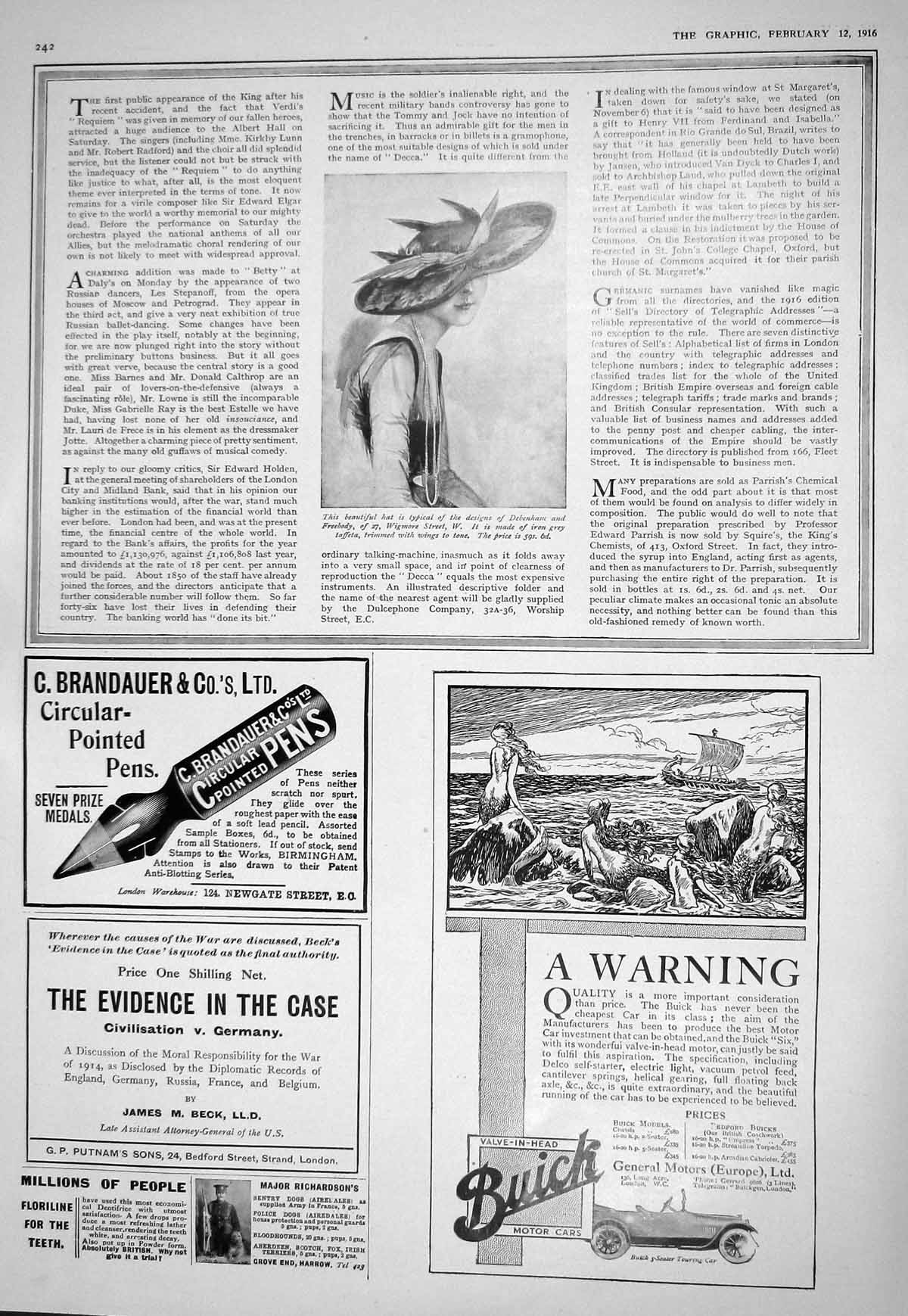 Old 1916 Ladies Fashio Hat Debenhams Brandauer Pen Buick Motor Car Ja 20th