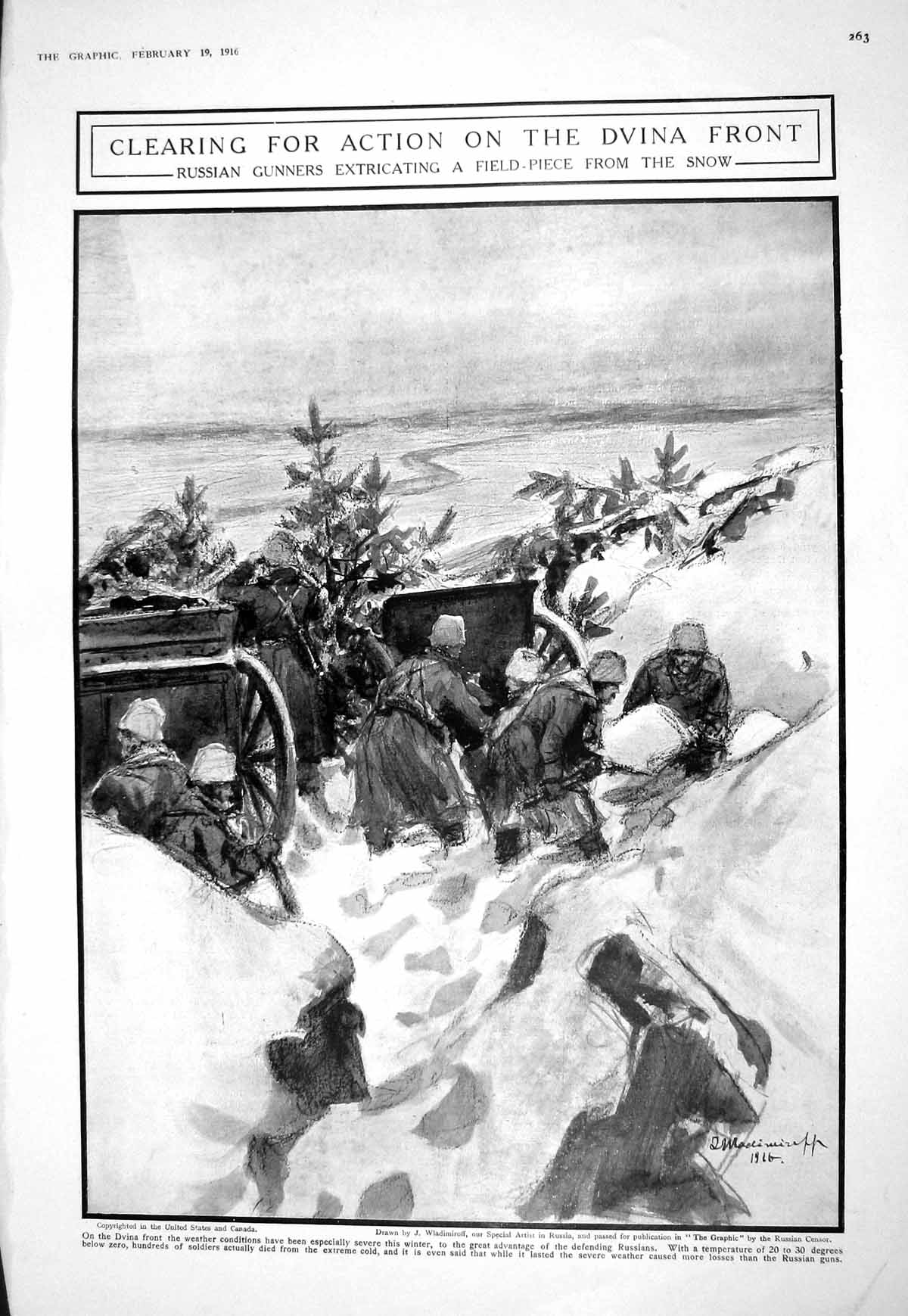 Old Print 1916 Russian Gunners War Dvina Snow Siers Milling Belladonna D 20th