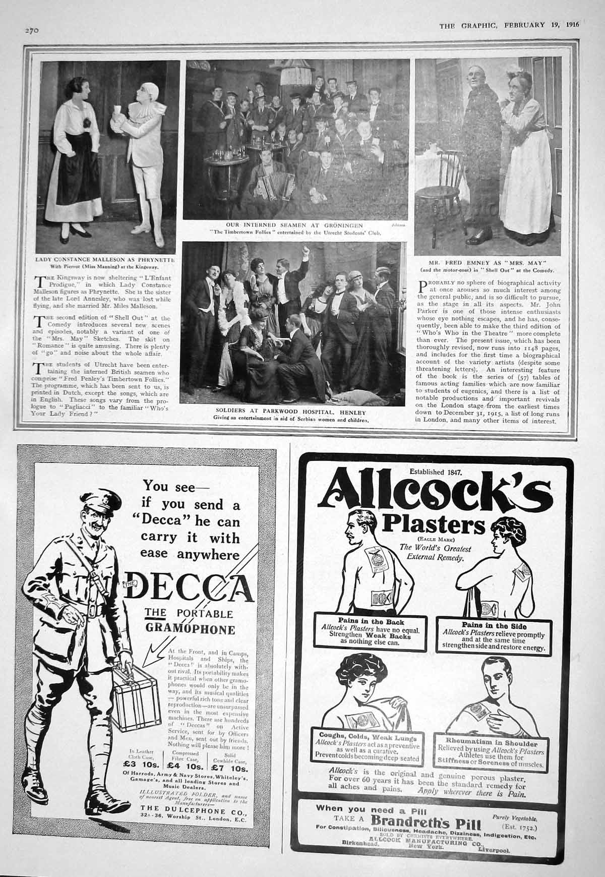 Antique Print 1916 Malleson Theatre Siers Parkwood Hospital Emney Watermans