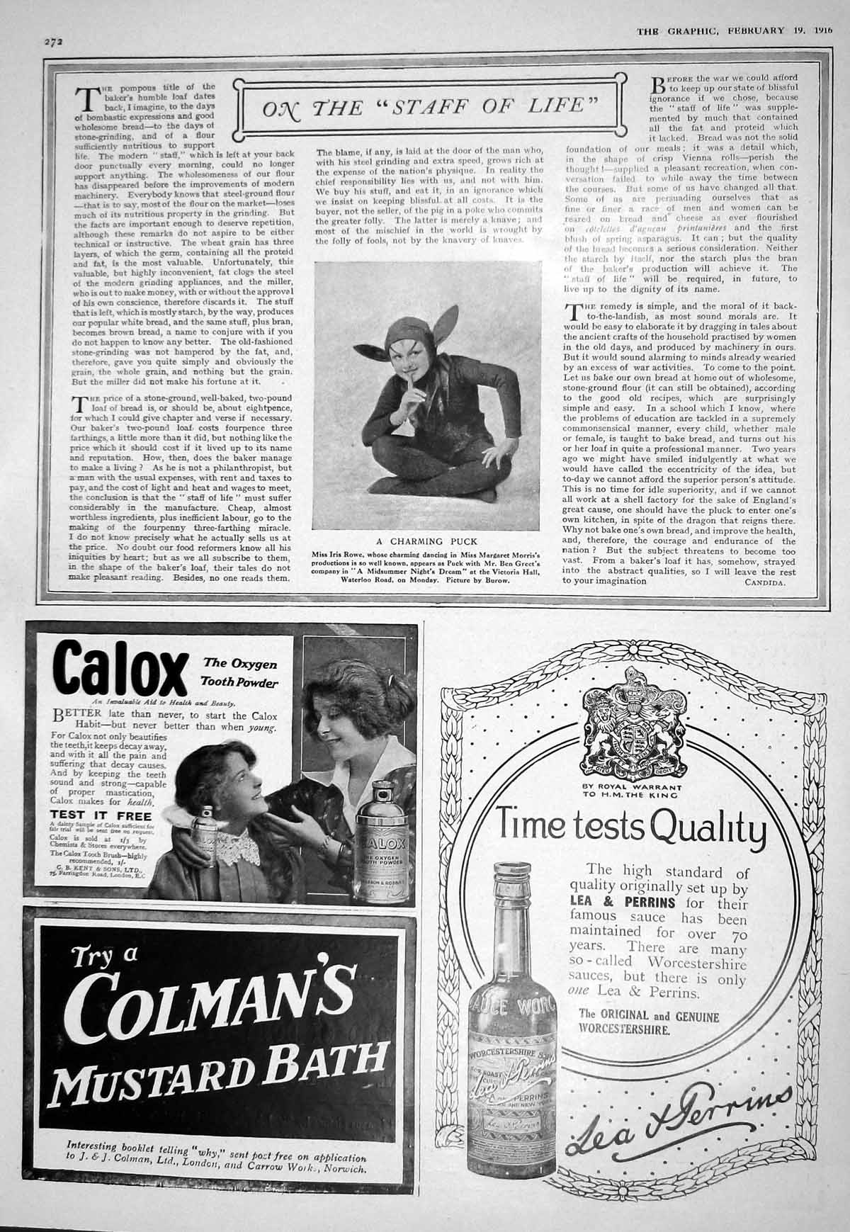 Antique Old Print 1916 Iris Rowe Puck Theatre Calox Lea Perrins Pears Soap 20th