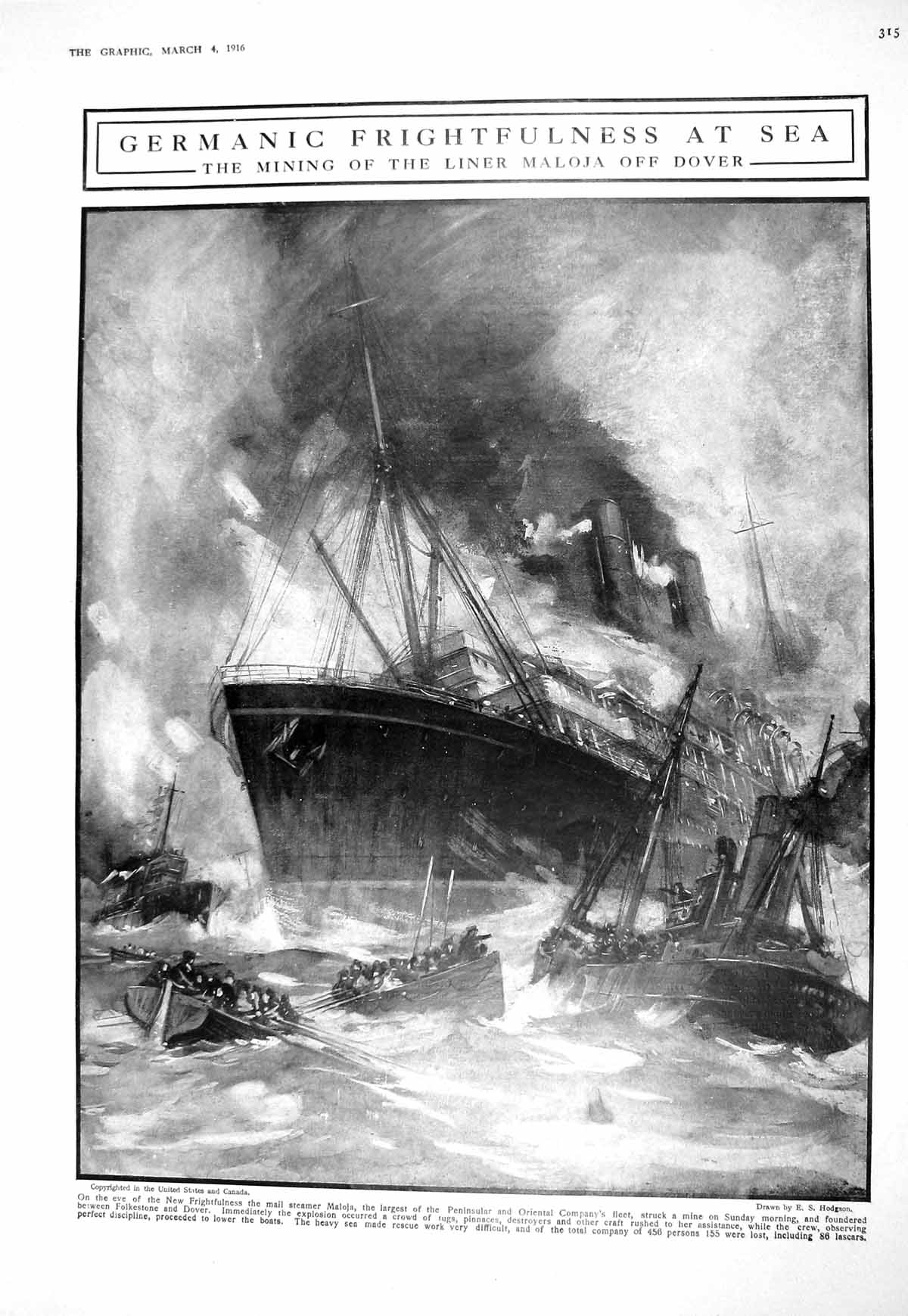 Antique Print 1916 Mining Mail Steamer Liner Maloja Dover German Submarine I