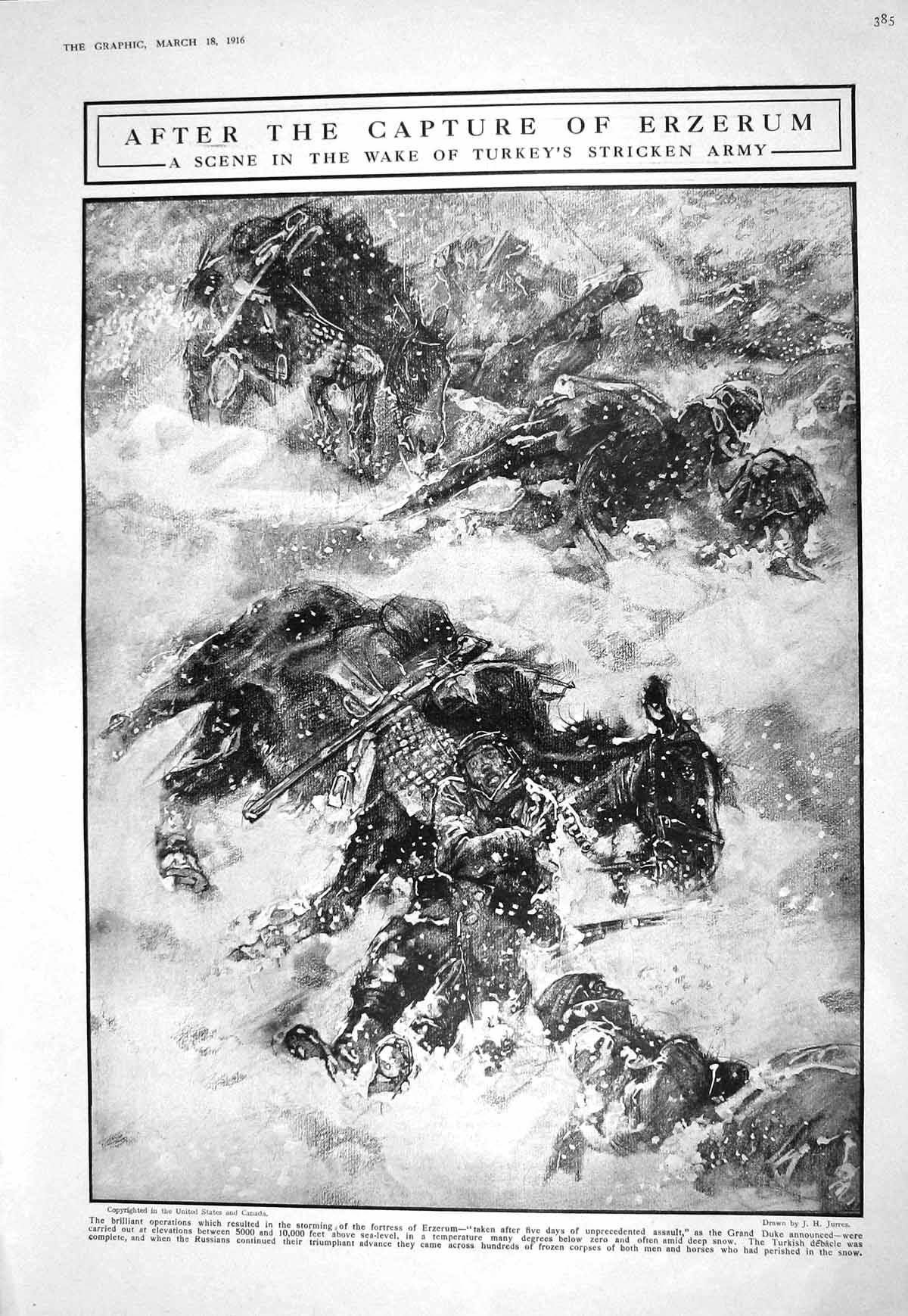 Old Print 1916 War Capture Erzerum Turkey Dead Siers Snow Guardsmen High 20th
