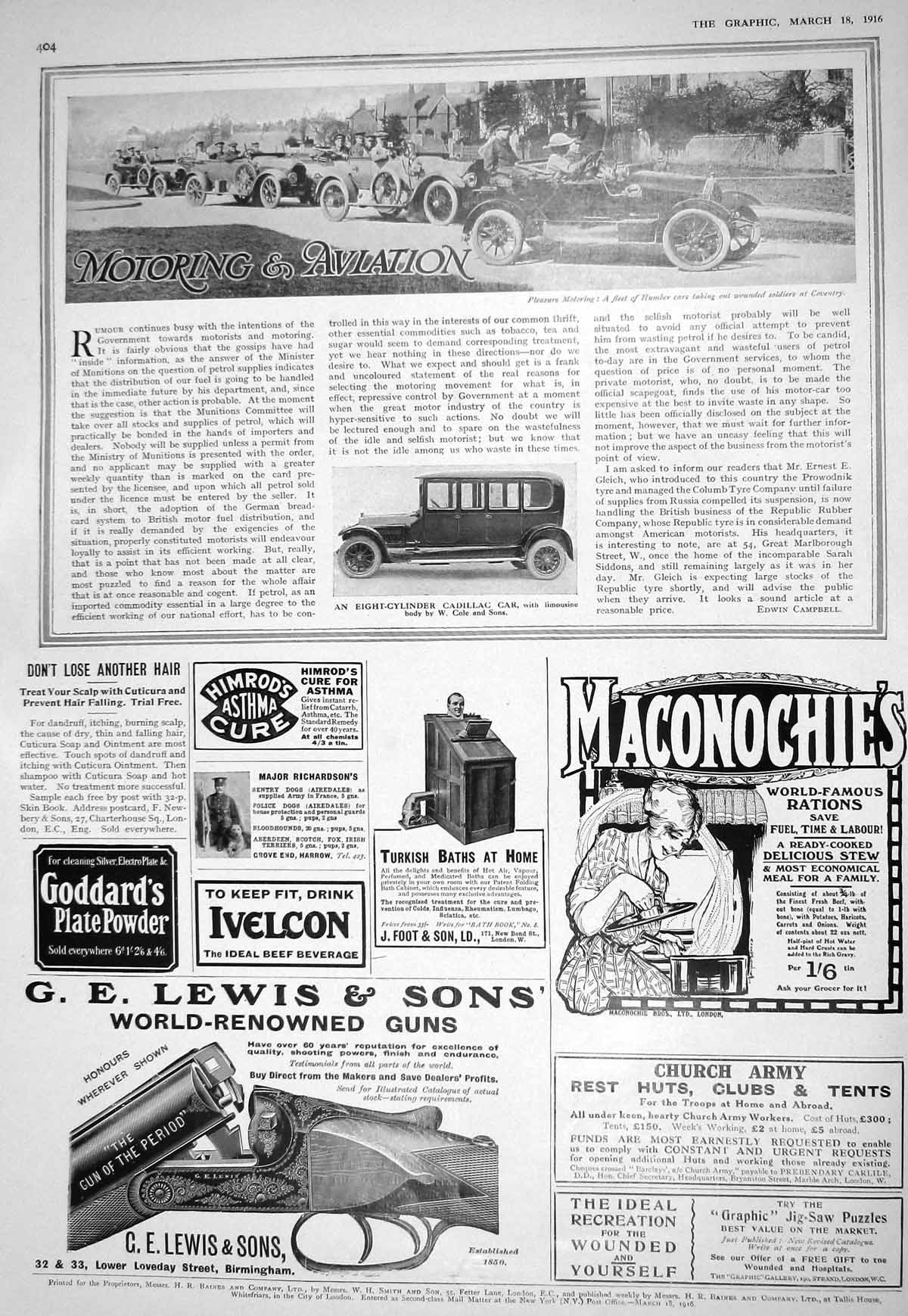Old Print 1916 Eight-Cylinder Cadillac Motor Car Cole Lewis Guns Ivelcon 20th