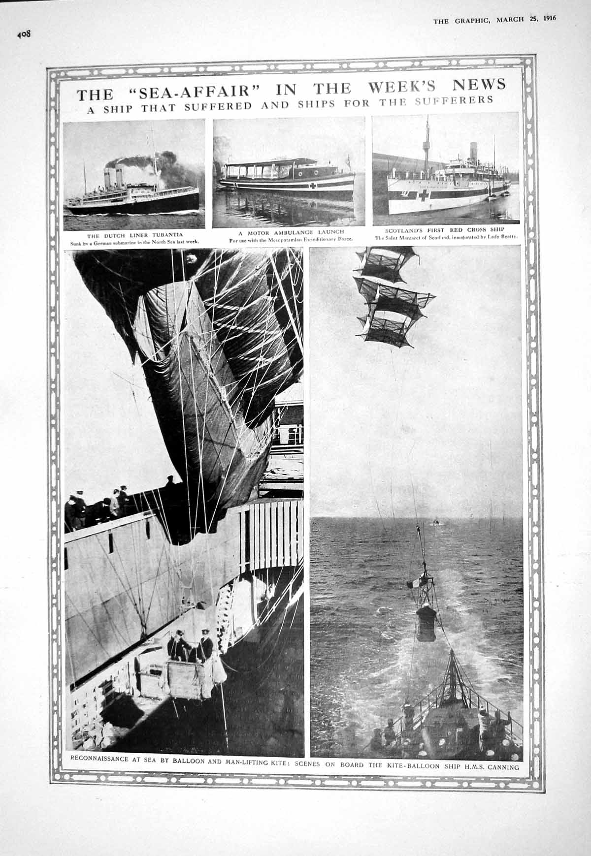 Old 1916 Dutch Ship Tubantia Red Cross Saint Margaret Kite-Balloon Vo 20th