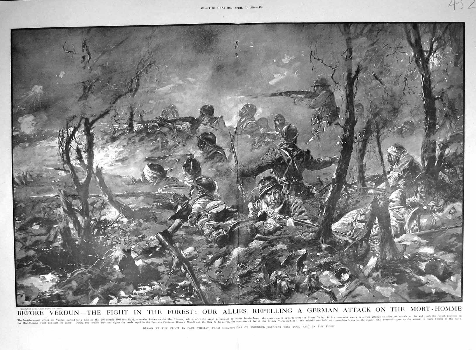 Old Print 1916 War Verdun Forest Siers German Attack Mort-Homme Russian 20th