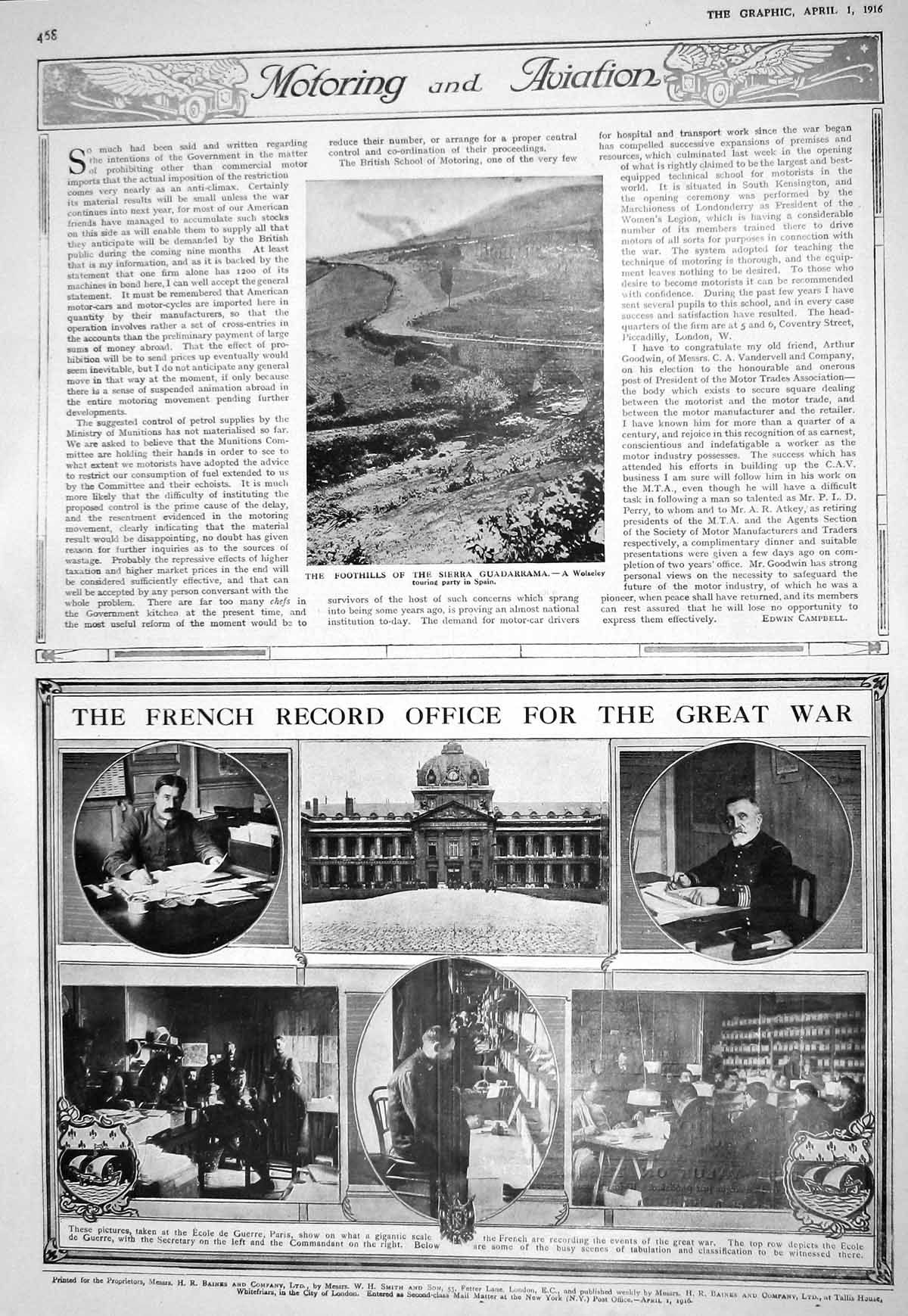 Old 1916 Foothills Sierra Guadarrama Wolseley Motor Car Ecole Guerre 20th