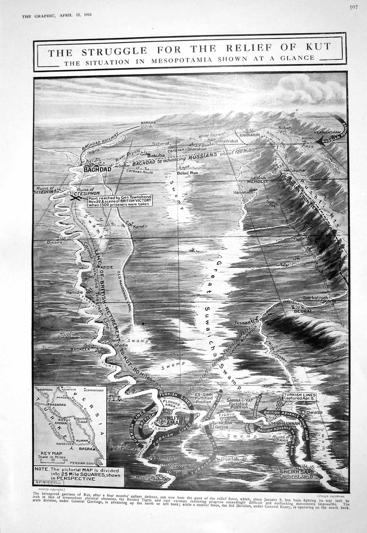 Old 1916 War Map Kut Mesopotamia Ward Baron Mackintosh Simpson Lady Page 20th