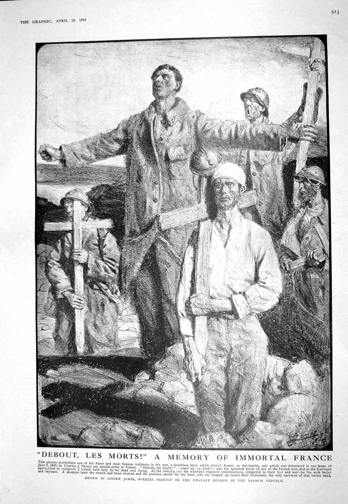 Old Print 1916 War Siers Funeral Debout Les Morts Memory Immortal France 20th