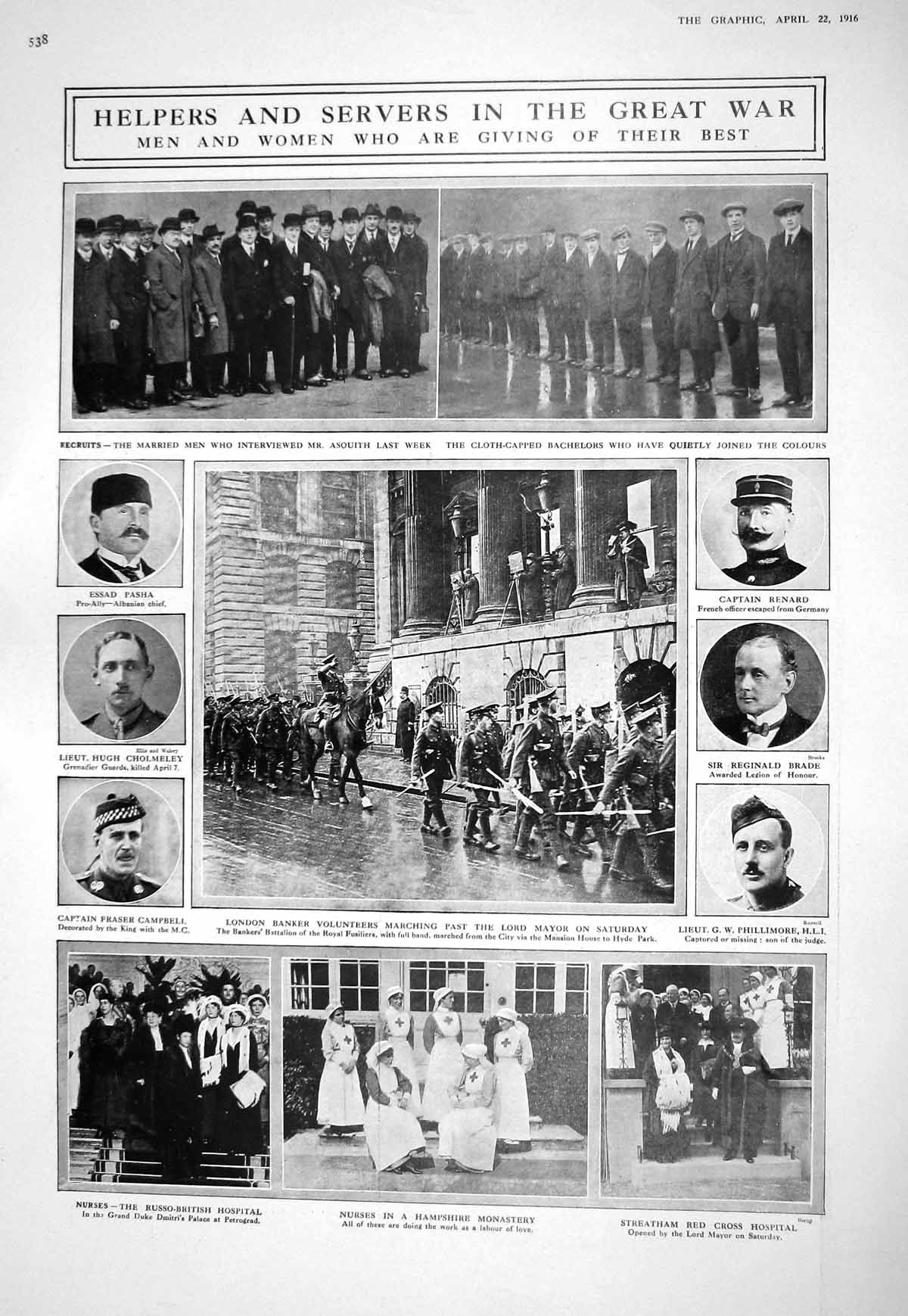 Old Print 1916 War Asquith Pasha Cholmeley Campbell Brade Renard Red Cross Ruhle