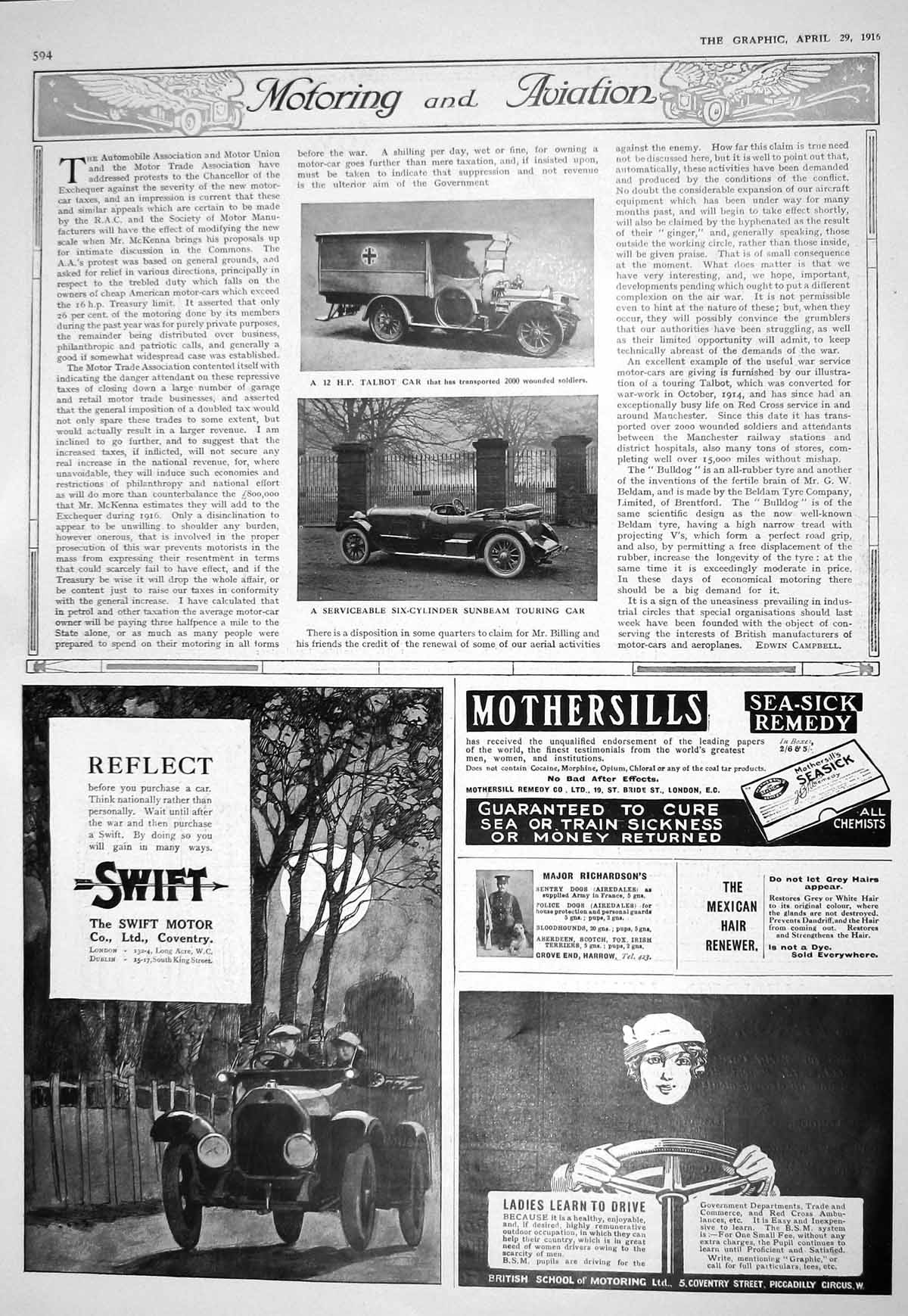 Antique Print 1916 Talbot Car Wounded Siers Sunbeam Touring Swift Motoring 20th