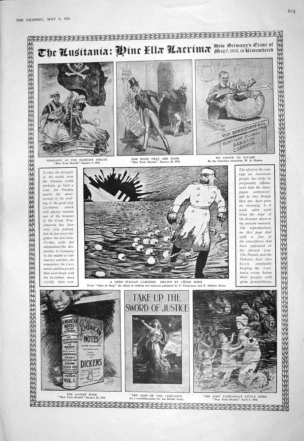 Old 1916 Grim Italian Cartoon Germany Pirates Lusitania Children Nurs 20th