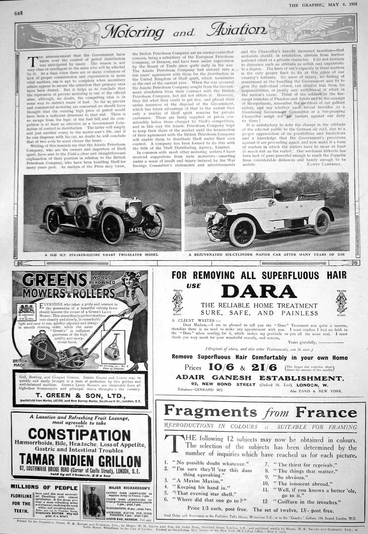 Antique Print 1916 Straker-Squire Smart Motor Car Napier Green'S Mower Dara