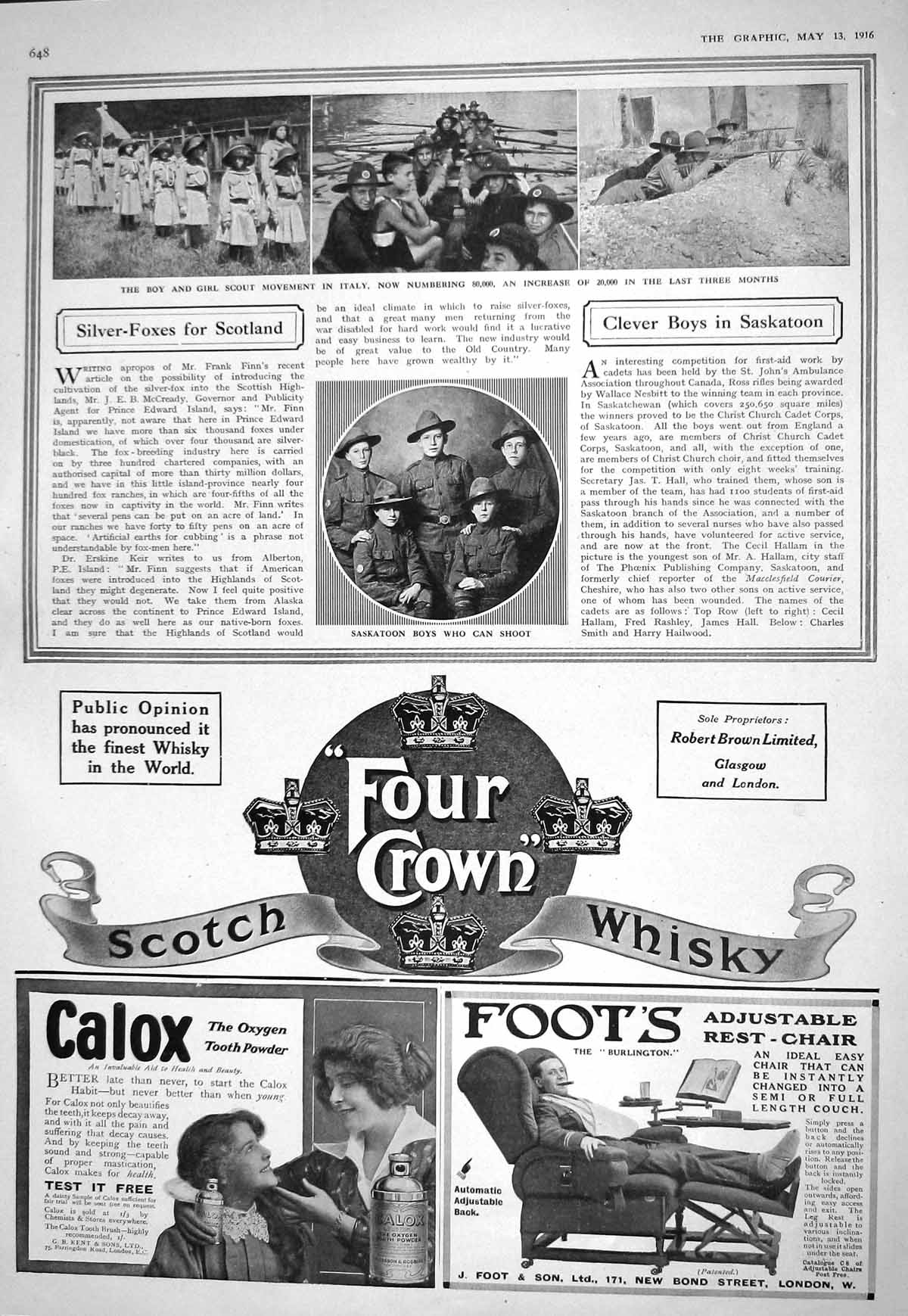 Antique Old Print 1916 Saskatoon Boys Scouts Italy Whisky Calox Harrogate Spa