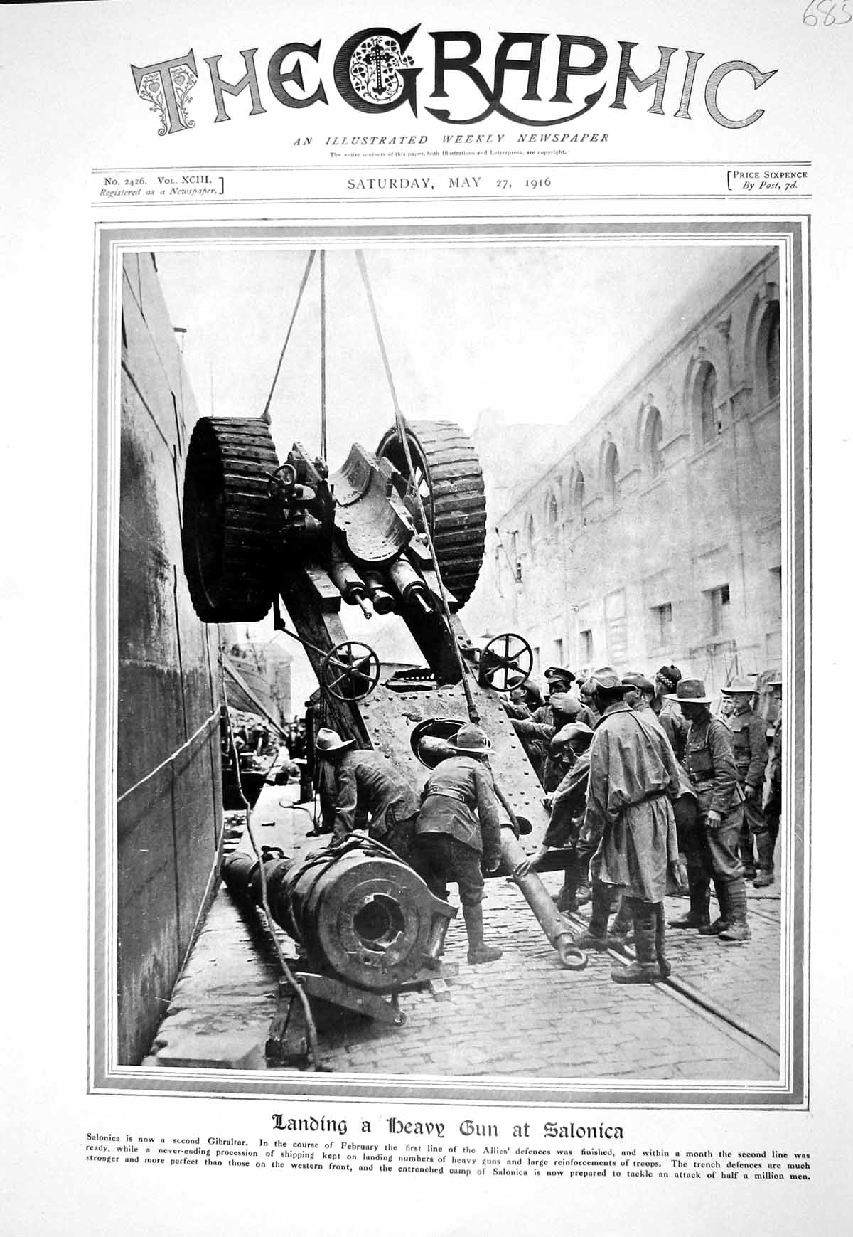 Old Print 1916 Scene Landing Heavy Gun Salonica Ship Siers War Photograp 20th