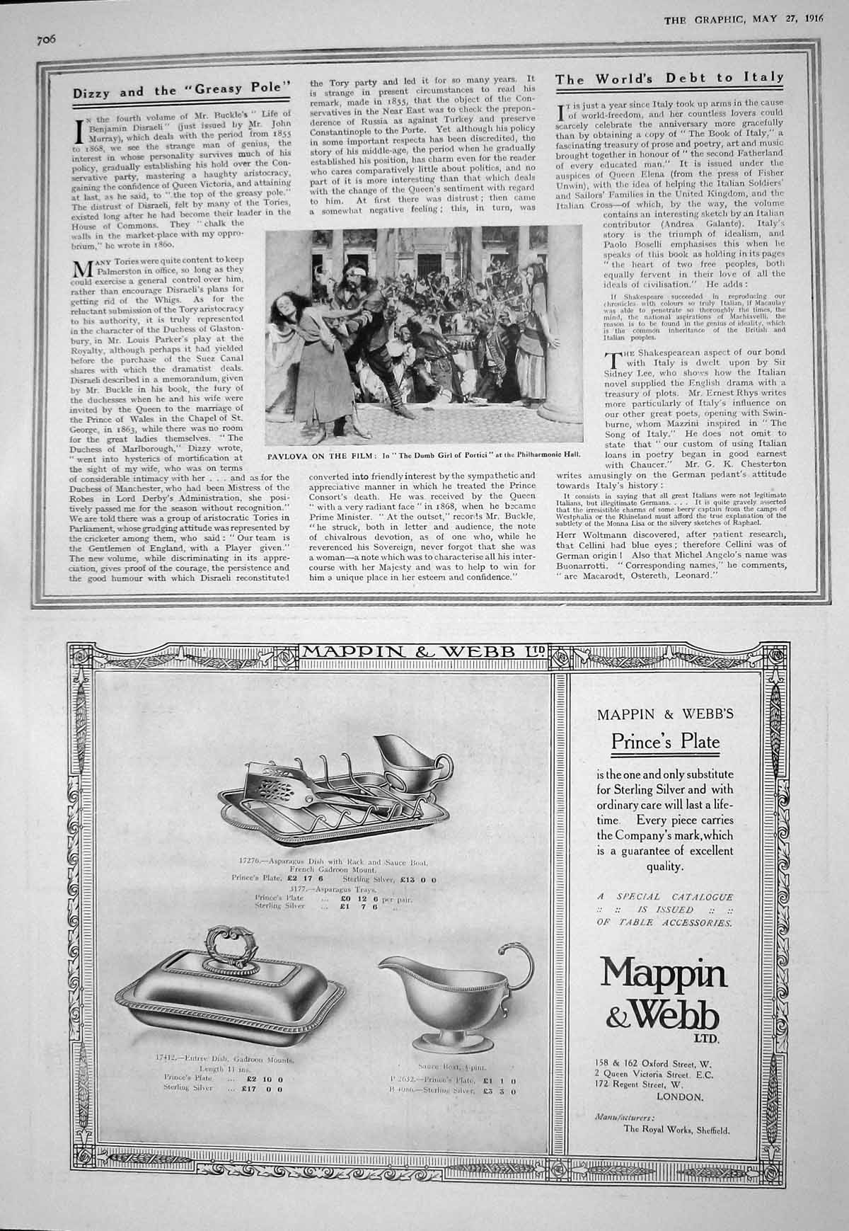 Antique Old Print 1916 Theatre Dumb Girl Portici Philharmonic Mappin Debenham