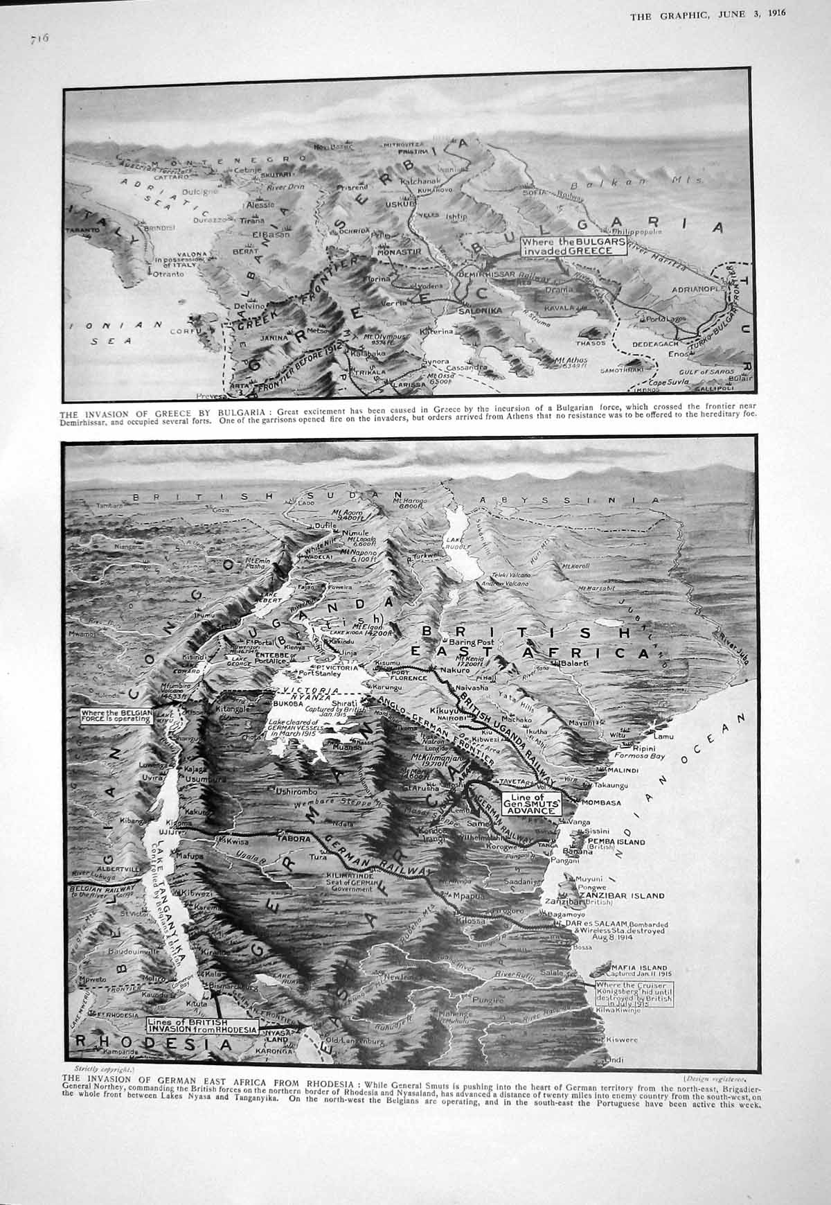 Old Print 1916 War Greece Bulgaria Map German Africa Rhodesia Siers Alde 20th