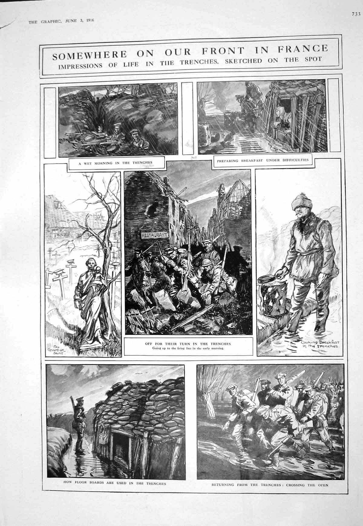 Old Print 1916 War Siers Trenches Cooking Breakfast Chapel Altar Battles 20th