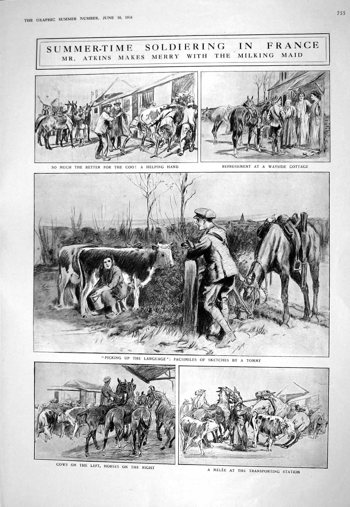 Old Print 1916 Atkins War Siers France Milking Maid Cows Horses Lester L 20th