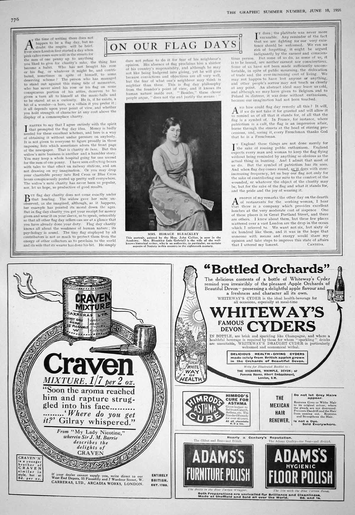 Old 1916 Mrs Horace Bleackley Advertisement Craven Whiteway'S Cyders 20th