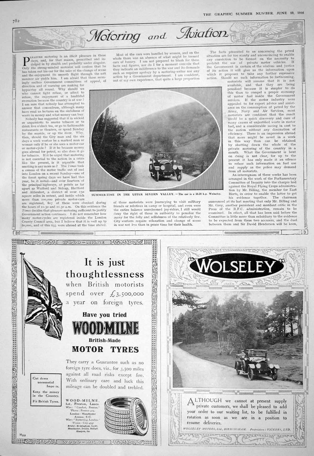 Old Print 1916 Wolseley Motor Car Severn Valley Wood-Milne Tyres Carpets 20th