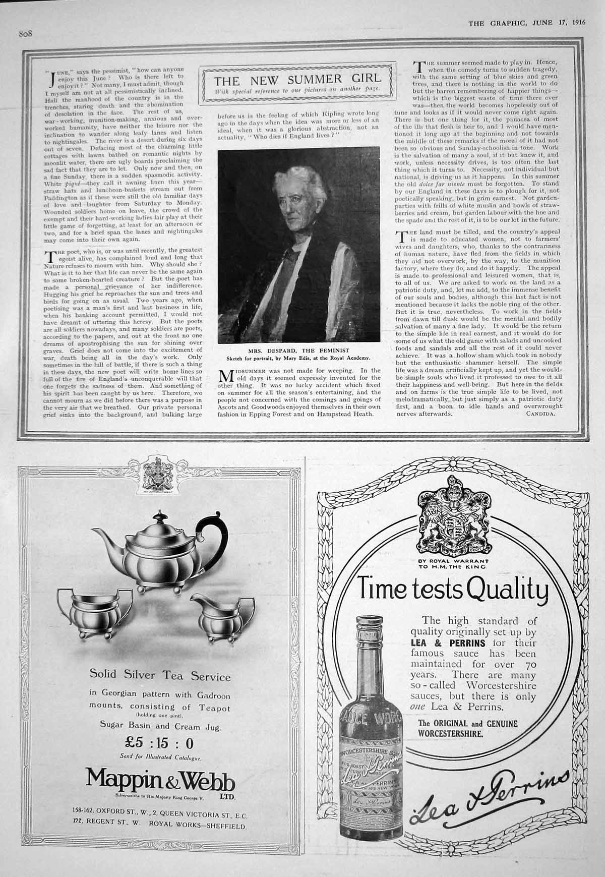 Old Print 1916 Mrs Despard Feminist Advertisement Lea Perrins Mappin Webb 20th