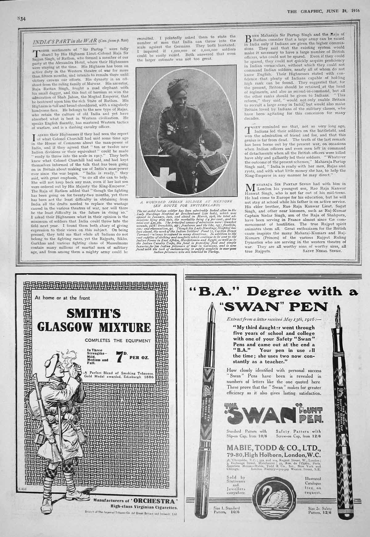 Antique Print 1916 War Indian Sier Mentone Switzerland Smith'S Cigarettes 20th