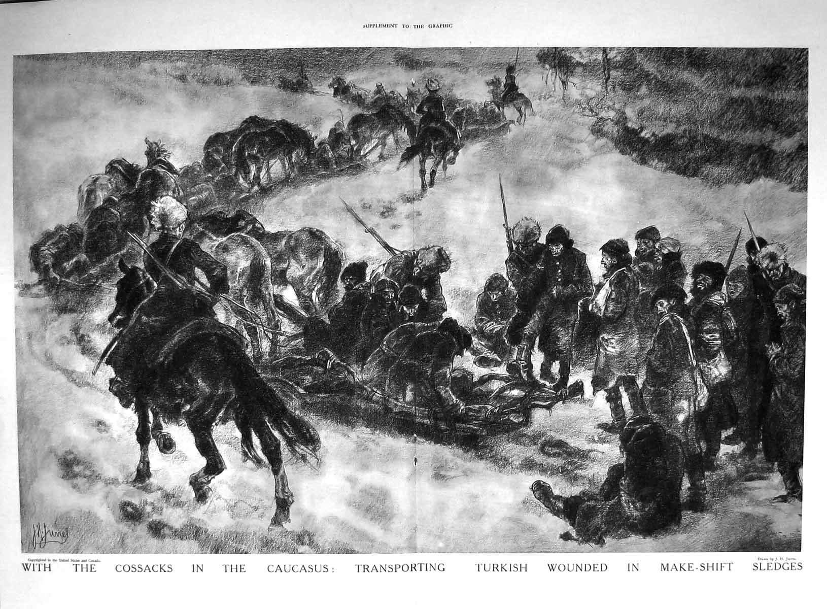 Old Print 1916 Cossacks Caucasus War Transporting Wounded Siers Sledges 20th