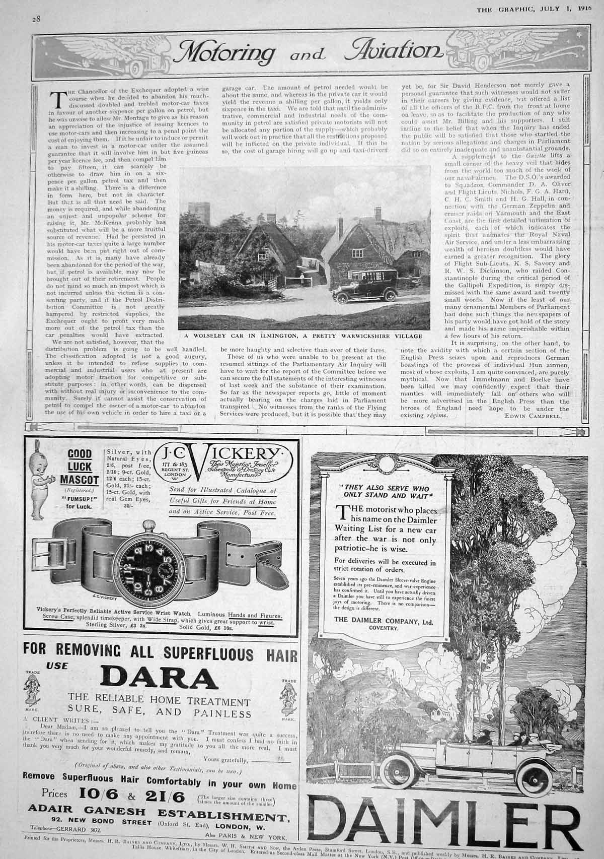Antique Print 1916 Wolseley Motor Car Ilmington Daimler Motor Car Kitchener