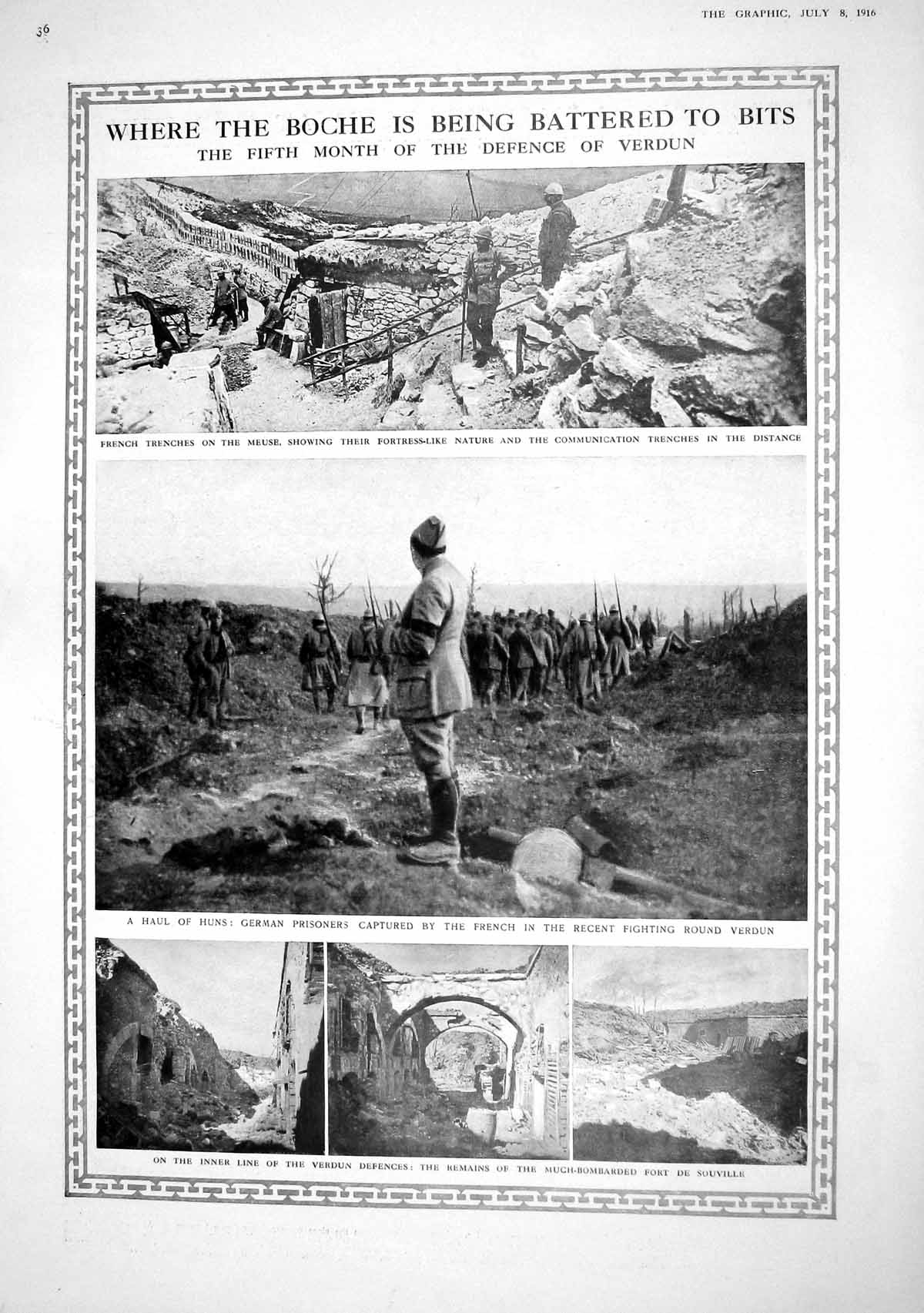 Print 1916 War German Prisoners Verdun Meuse Fort Souville Map Battle Somme F