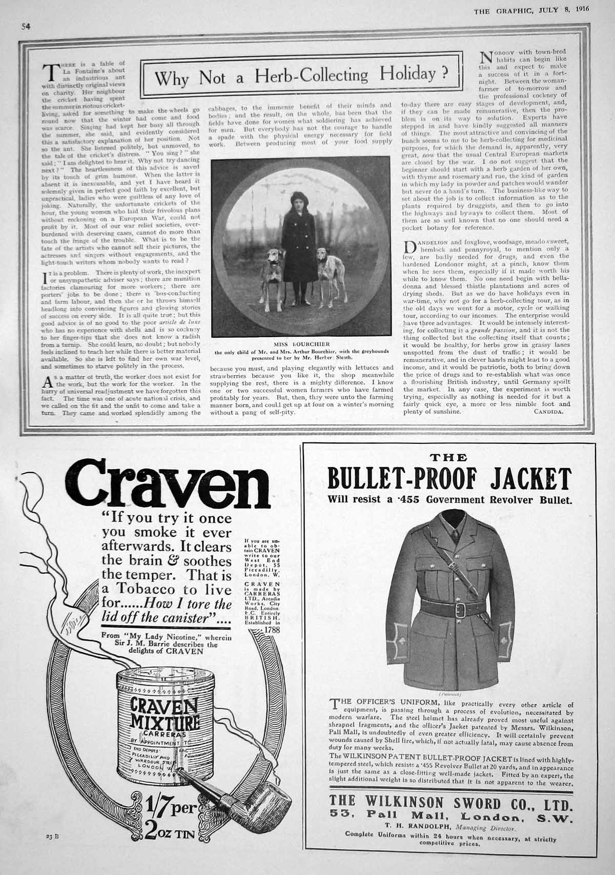 Antique Print 1916 Bourchier Greyhounds Wilkinson Sword Craven Vinolia Soap