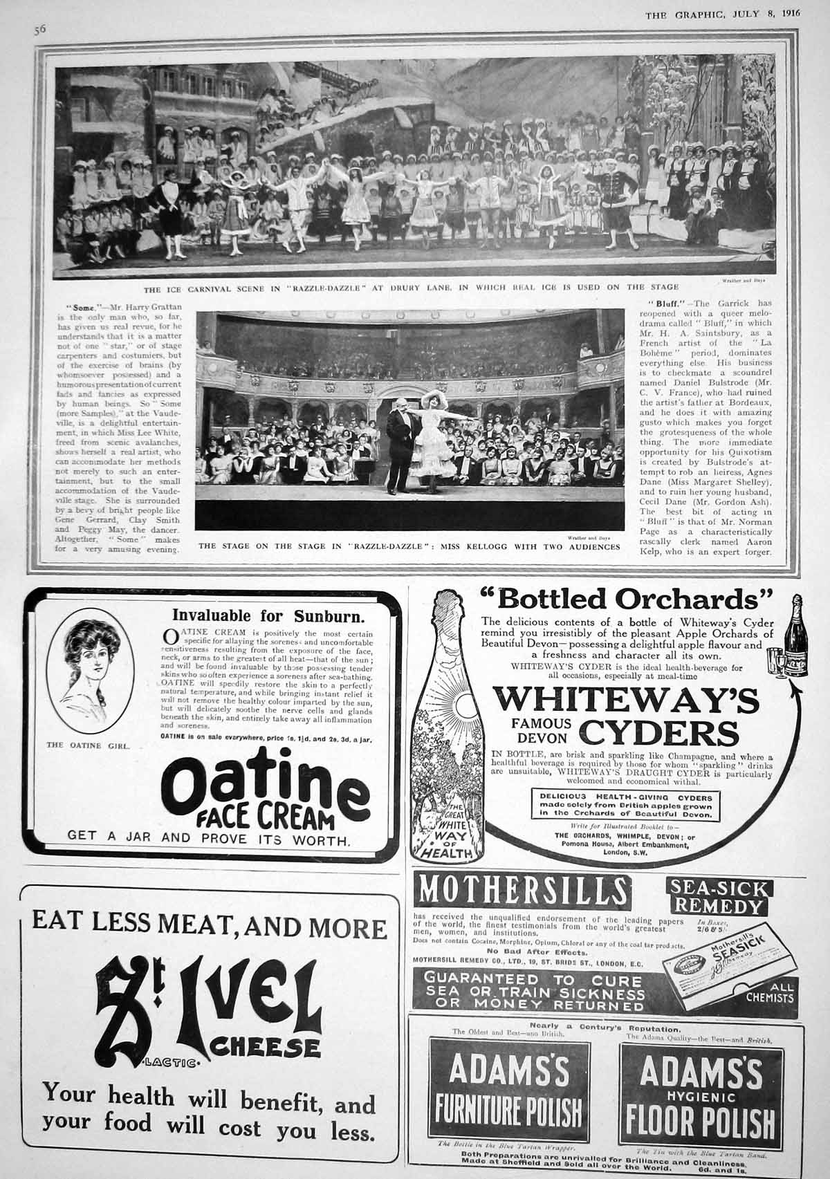 Antique Old Print 1916 Ice Carnival Drury Lane Theatre Kellogg Cyders Beecham