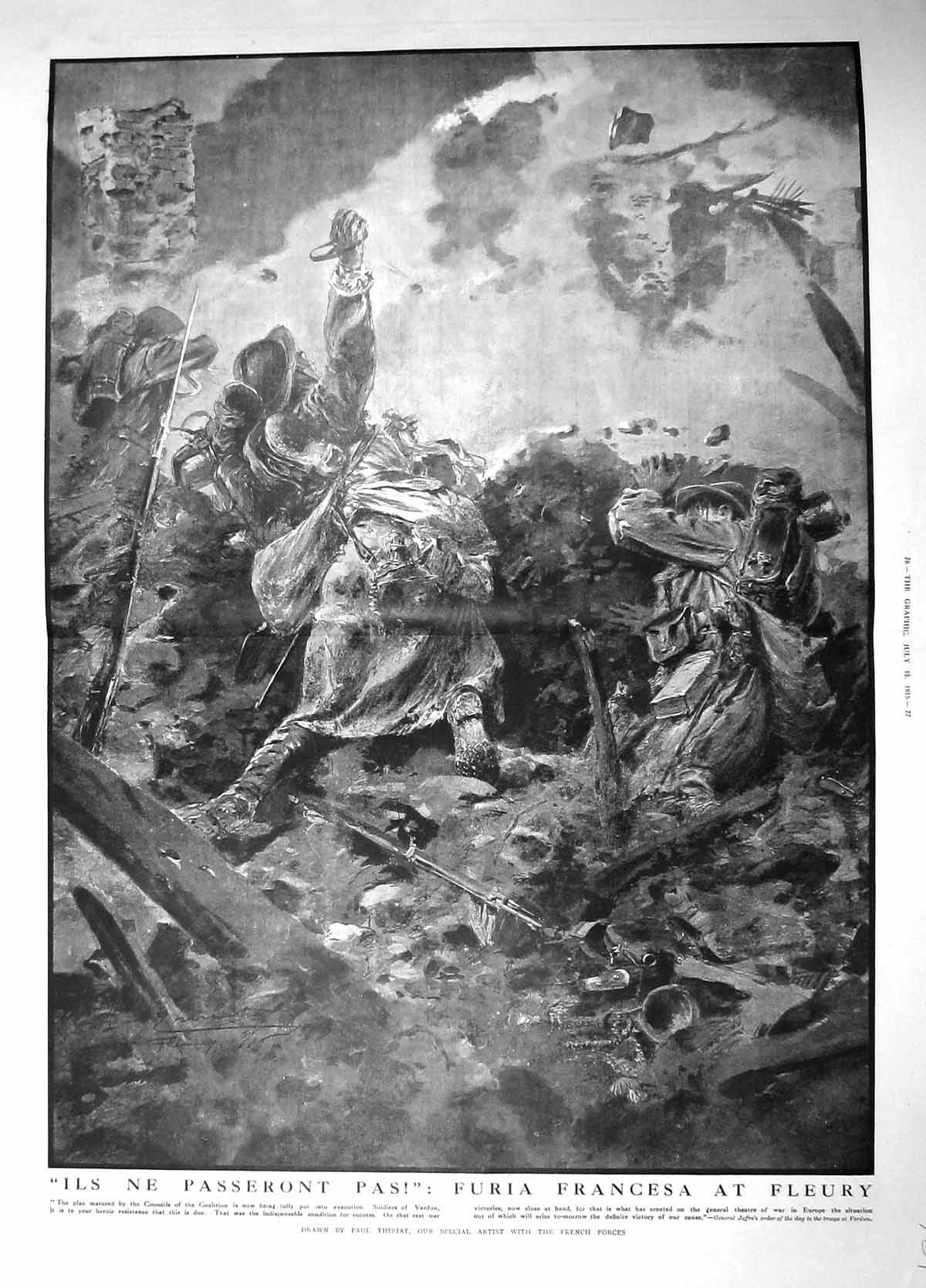 Antique Old Print 1916 War Siers Verdun France Fleury Battle Paul Thiriat 0 20th