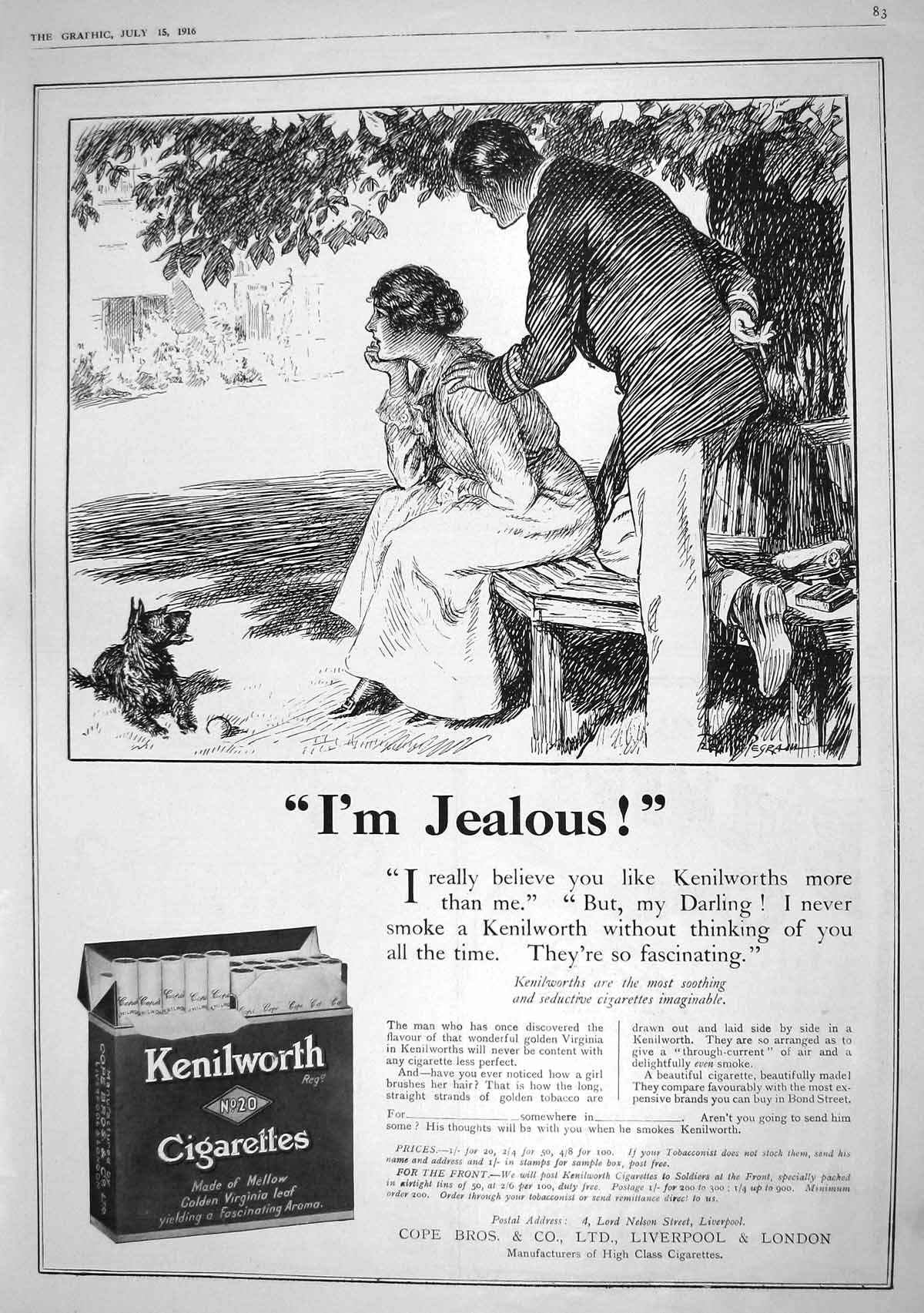 Old Print 1916 Advertisement Kenilworth Cigarettes Cope Liverpool London 20th