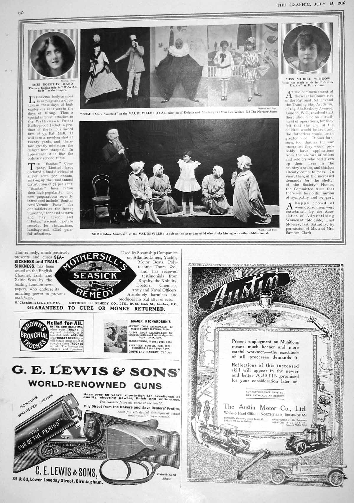 Old Print 1916 Theatre Ward Window Morton White Austin Lewis Guns Custard 20th