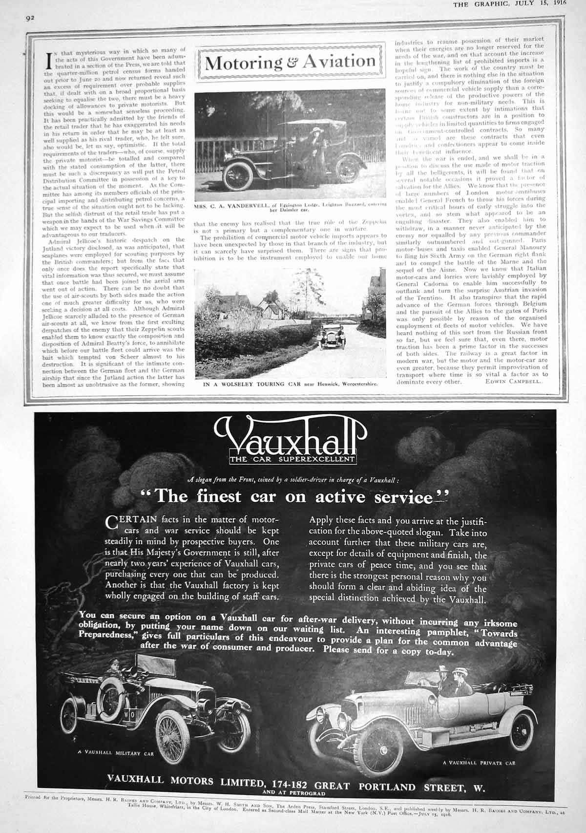 Old 1916 Vandevell Wolseley Motor Car Vauxhall Razor Daimler Vickery 20th