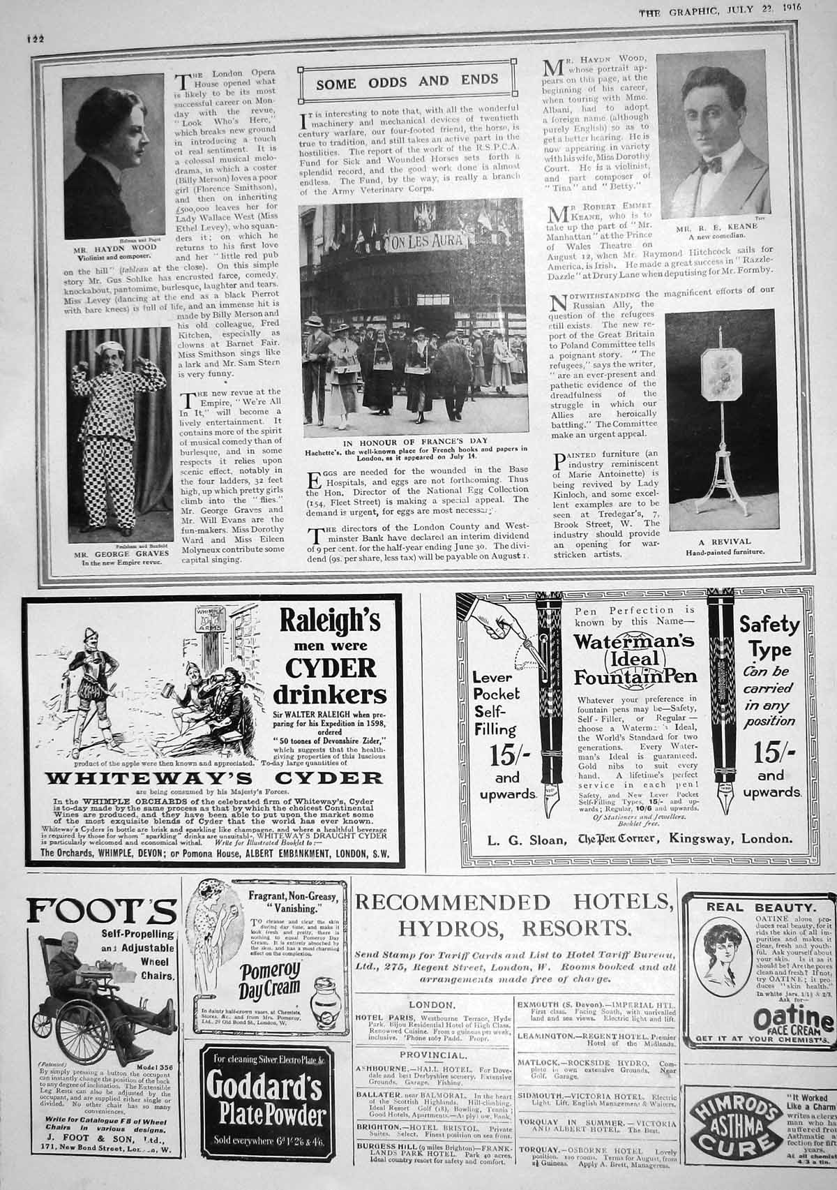 Old Print 1916 Keane Wood Graves Hatchette Raleigh Cyder Waterman Vinolia 20th