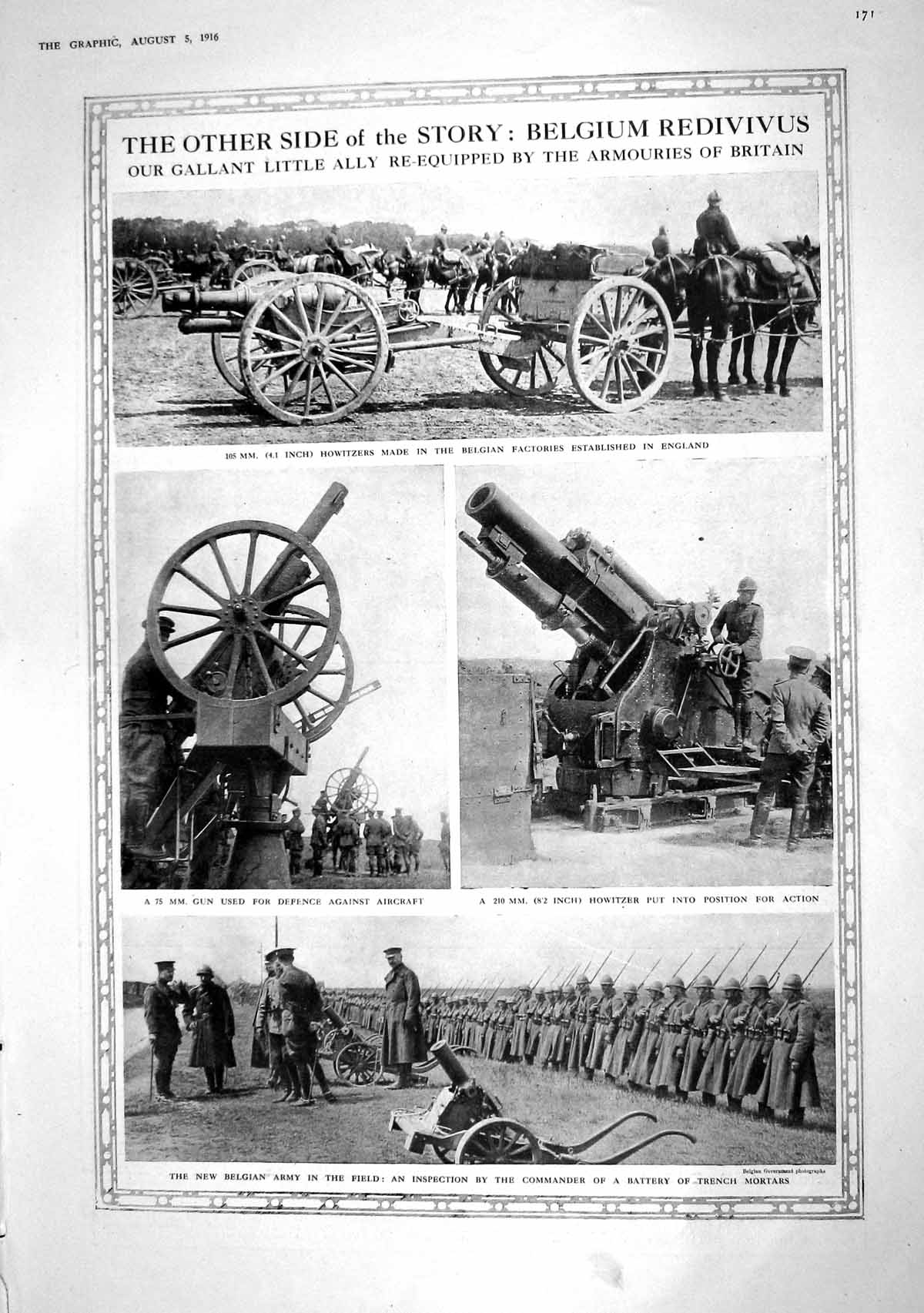 Antique Print 1916 Belgium Redivivus Howitzer Guns War Trench Mortars Siers