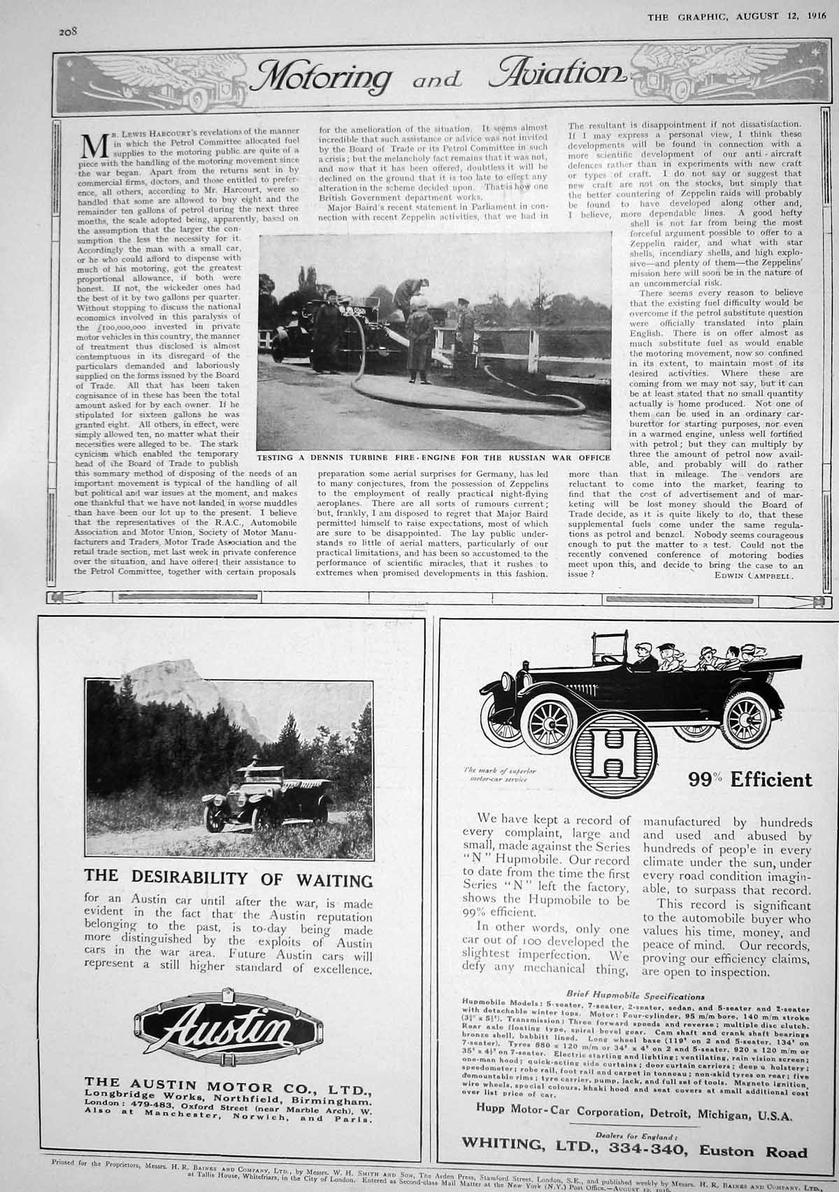 Old 1916 Testing Dennis Turbine Fire-Engine Russian War Office Austin 20th