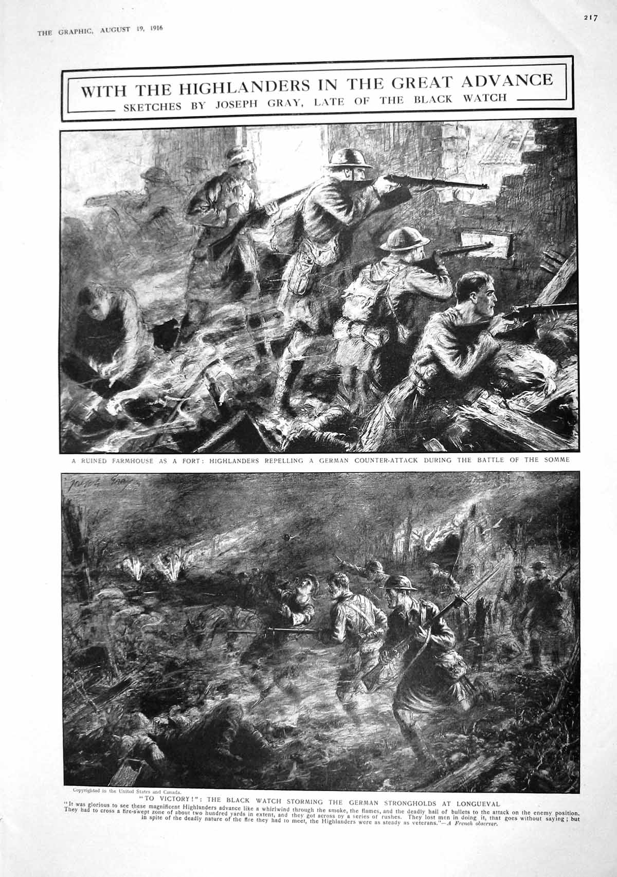 Old Print 1916 War Highlanders Siers Battle Somme Longueval Blackwatch S 20th