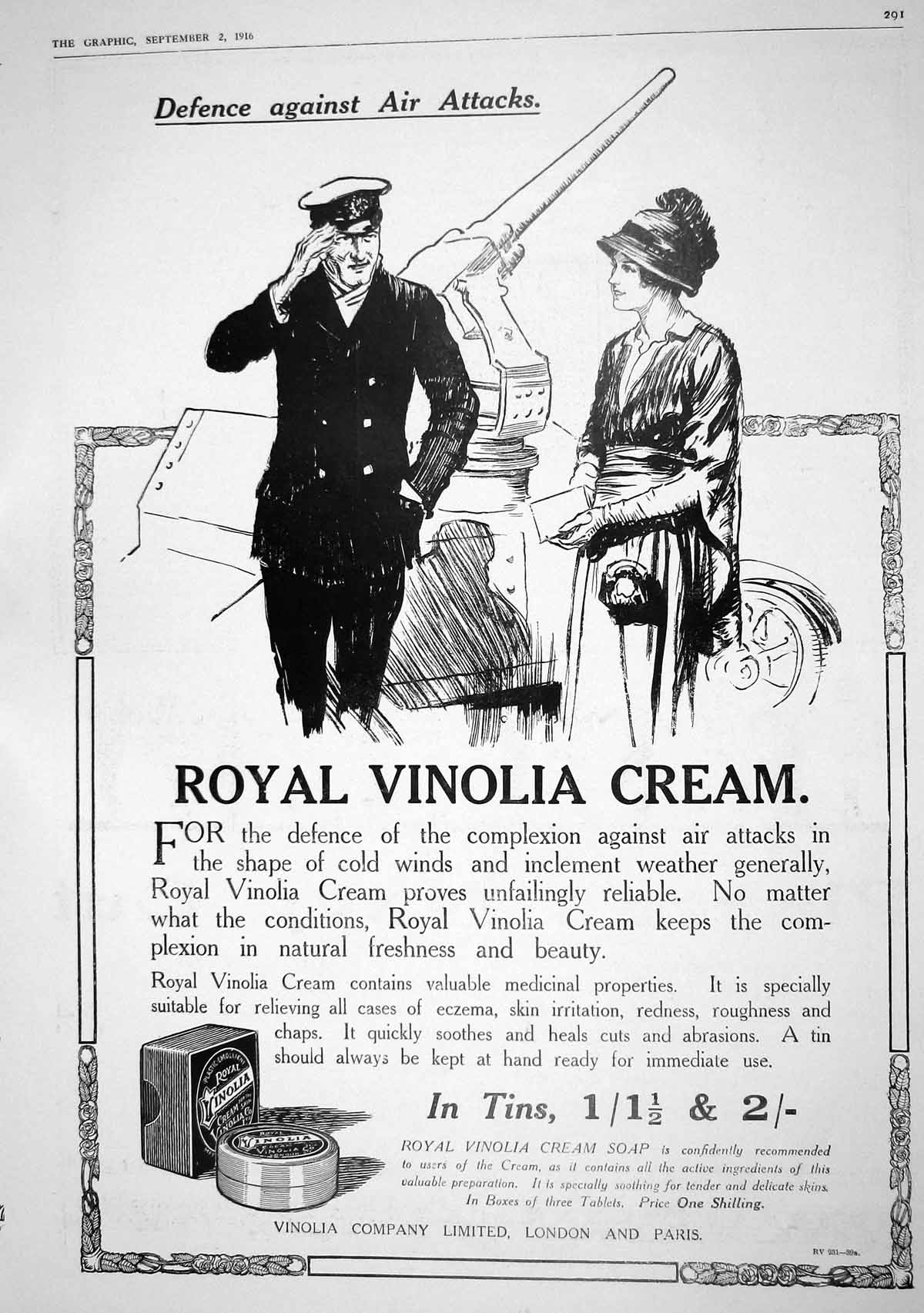 Old 1916 Advertisement Royal Vinolia Soap Cream Company London Paris 20th