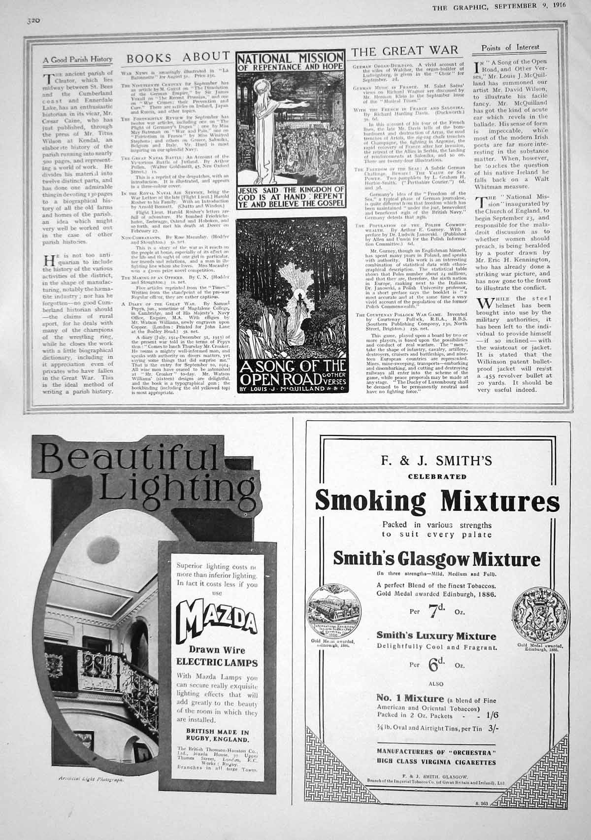 Old Print 1916 Religious Books Mazda Electric Lamps Smith Smoking Mixture 20th