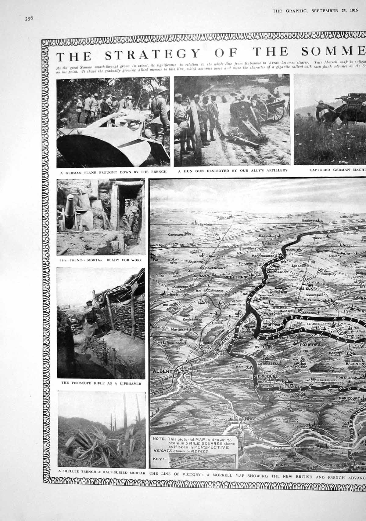 Old Print 1916 War Somme German Plane Morrell Map Trench Mortar Siers Bo 20th
