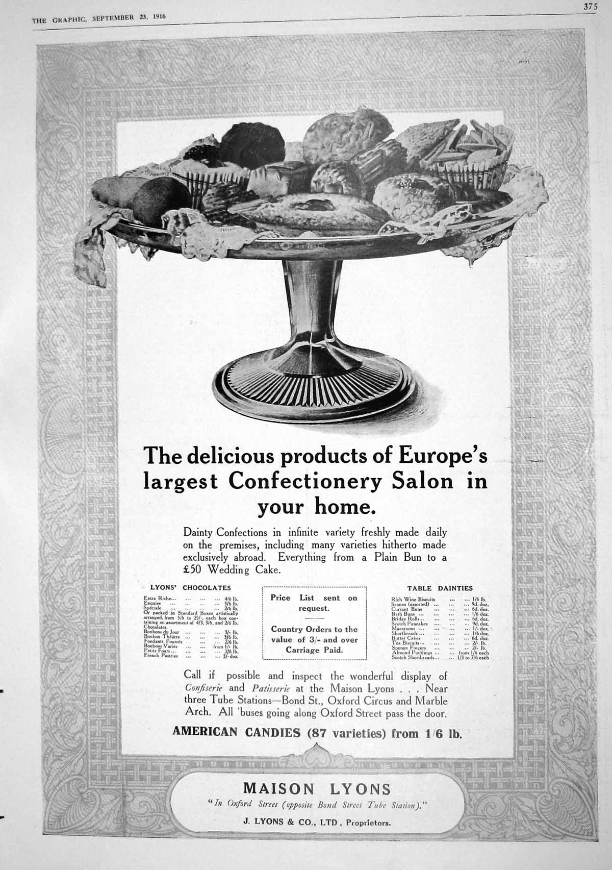Old Print 1916 Advertisement Maison Lyons American Candies Confectionery 20th