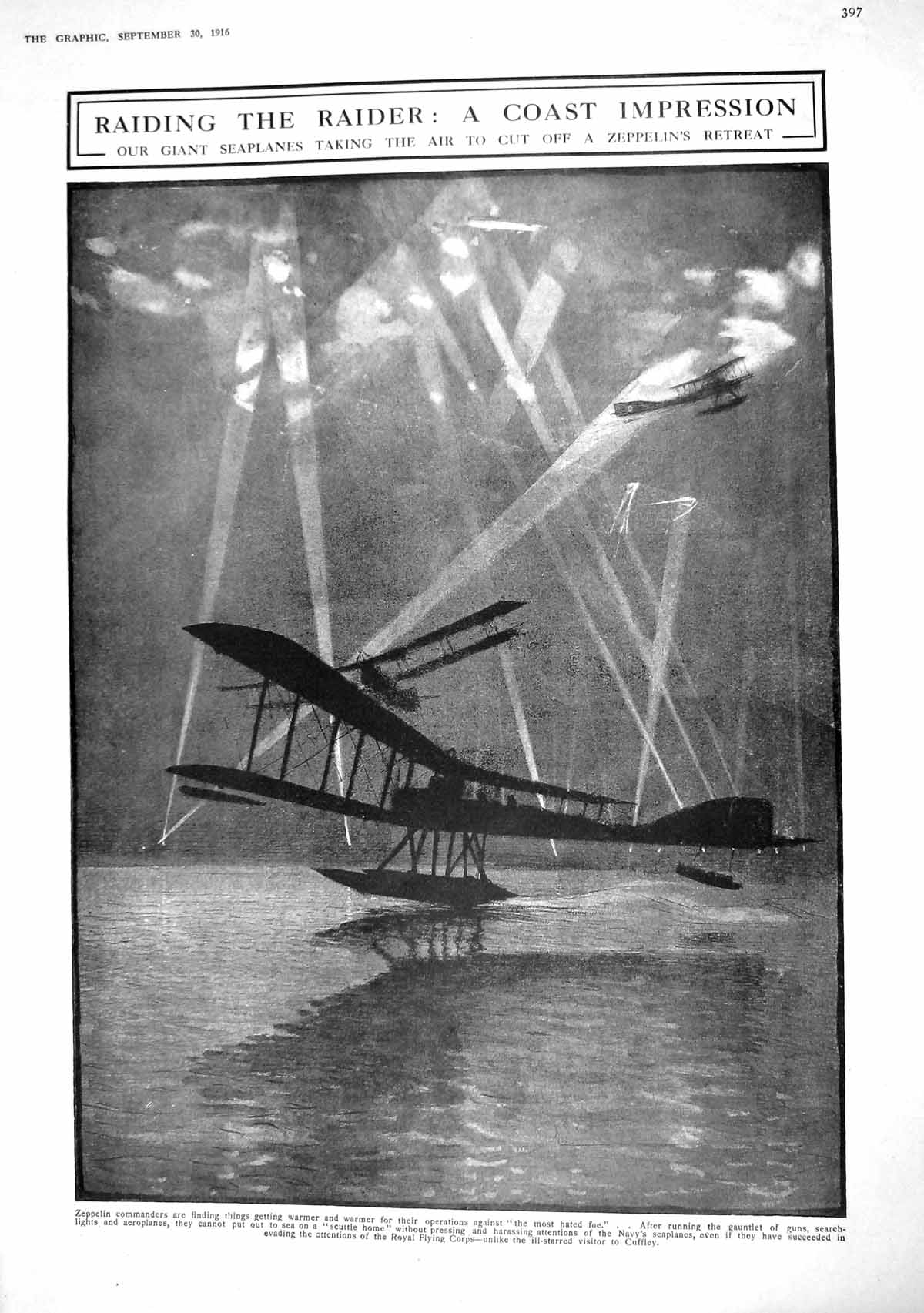 Antique Print 1916 War Giant Seaplanes Air Raid Zeppelin Retreat Royal Flyin
