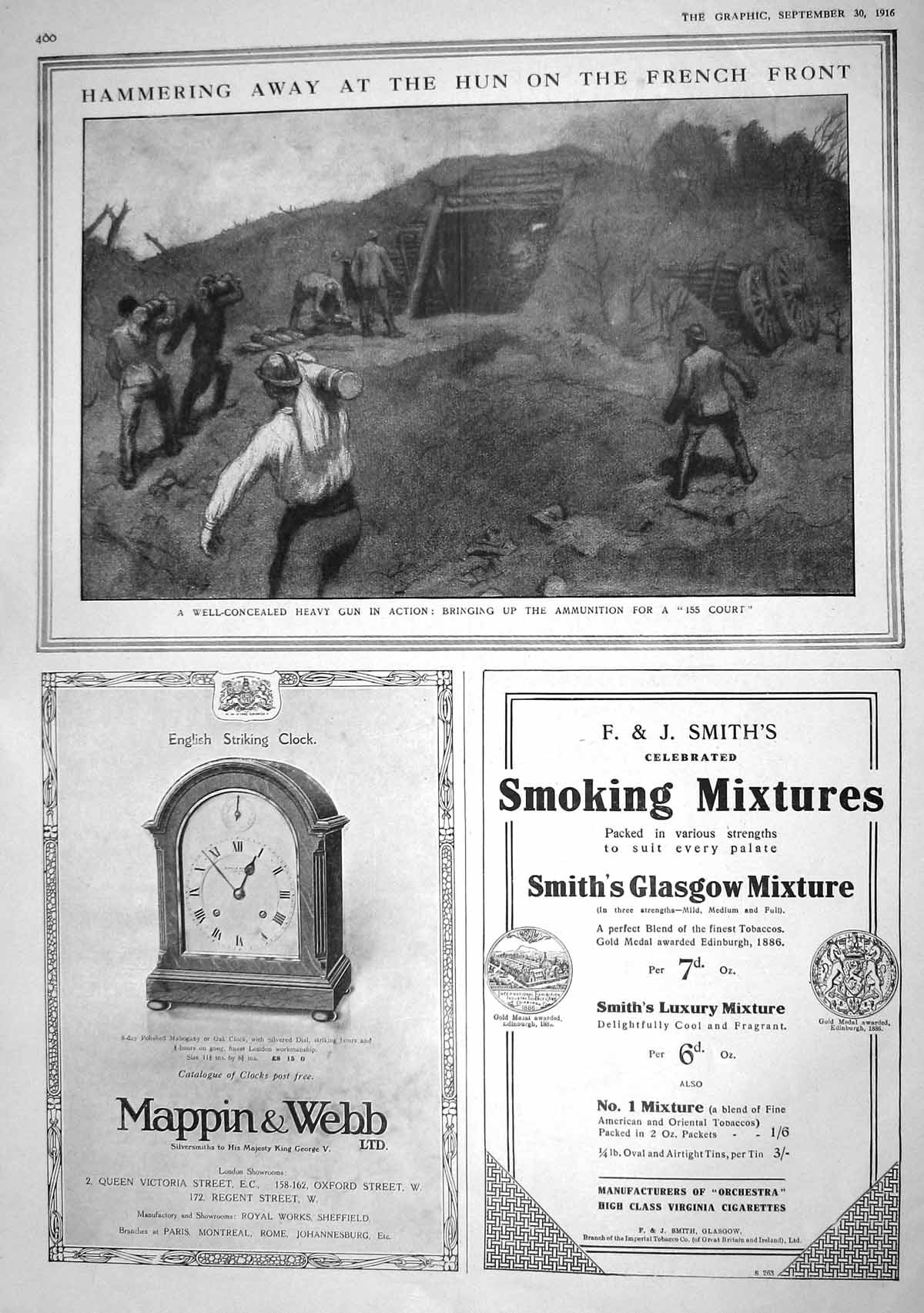 Old Print 1916 Heavy Gun Action War Ammunition France Mappin Webb Smoking 20th