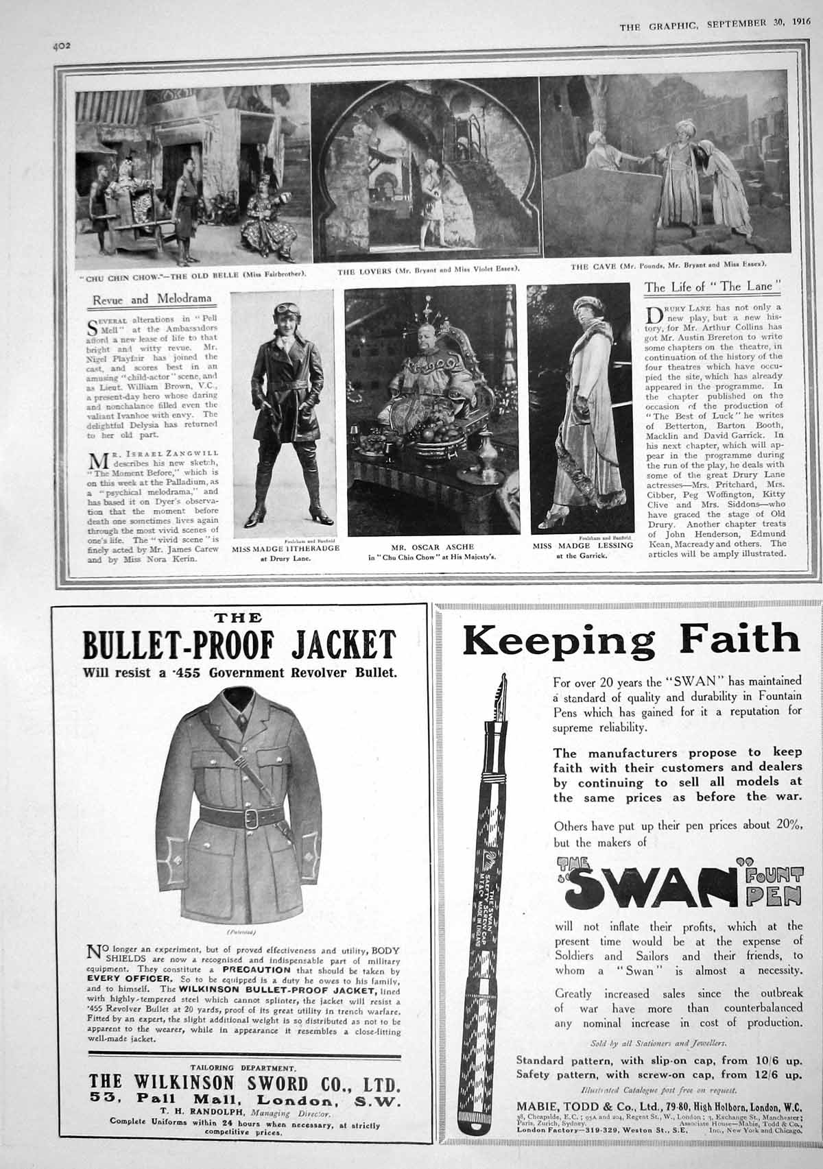 Old Print 1916 Theatre Titheradge Asche Lessing Bryant Essex Fairbrother 20th